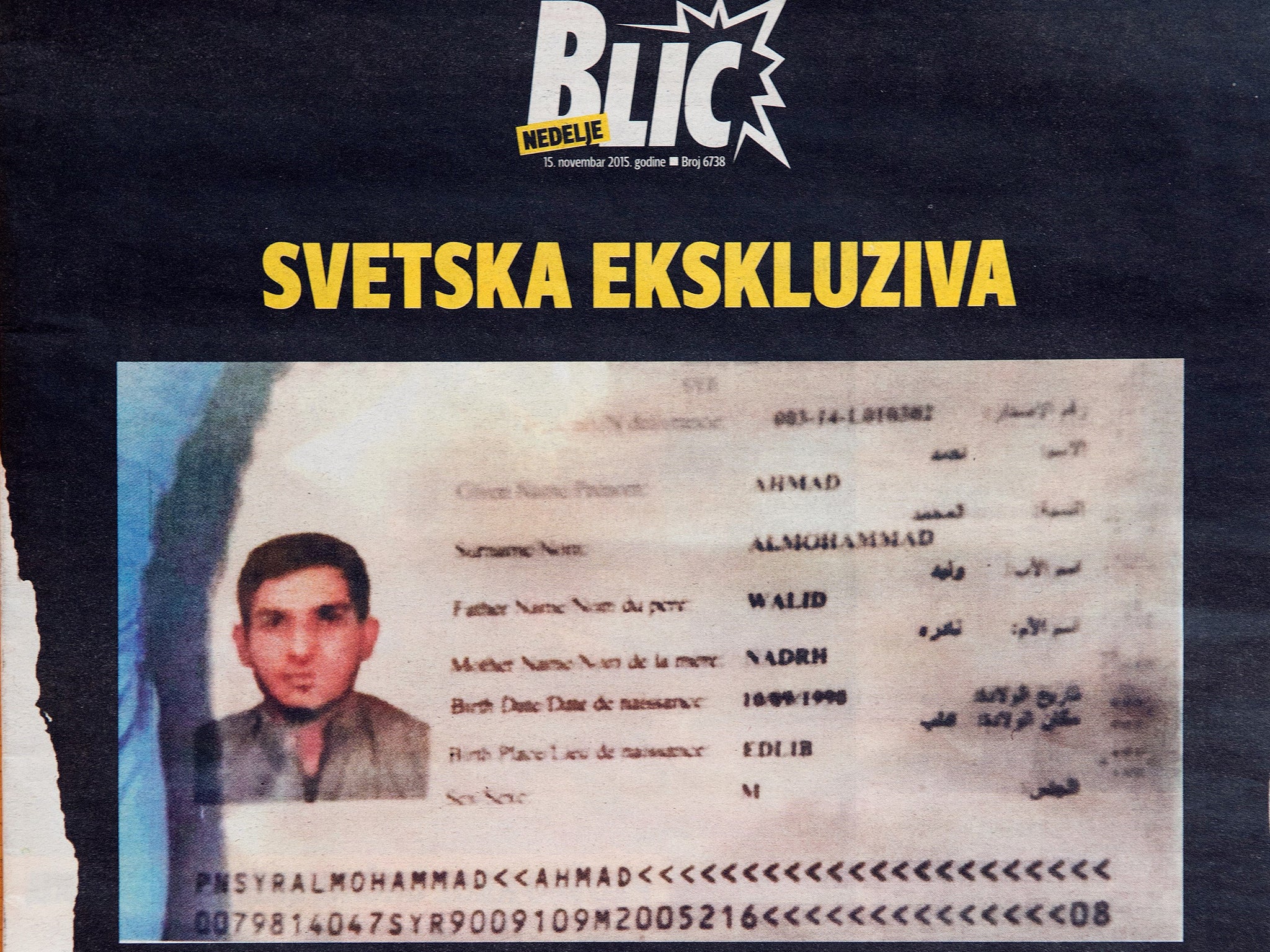 The fake Syrian passport left by one of the Paris attackers at the Stade de France