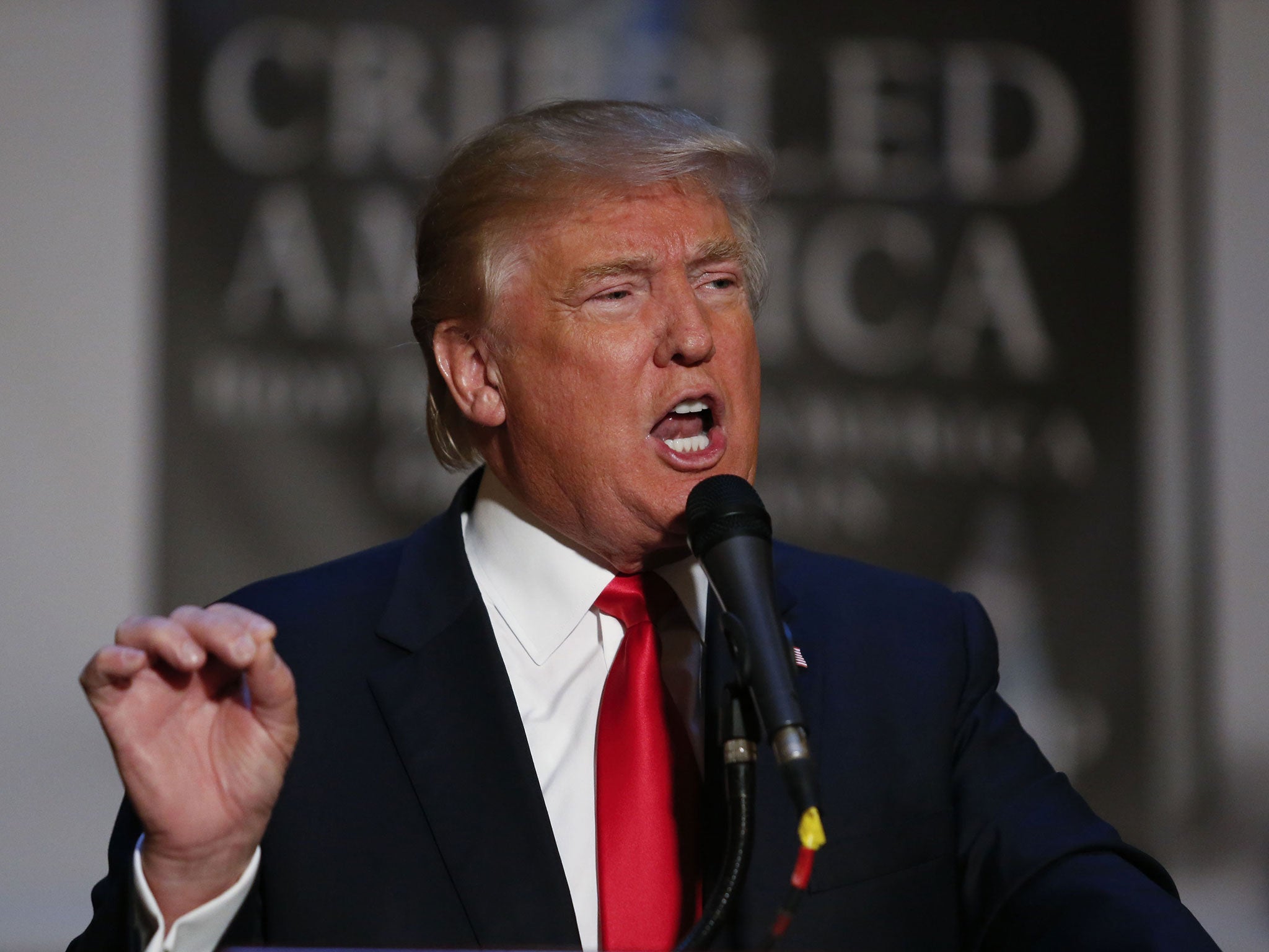 Republican presidential candidate Donald Trump speaks during a press conference, 3 Nov 2015