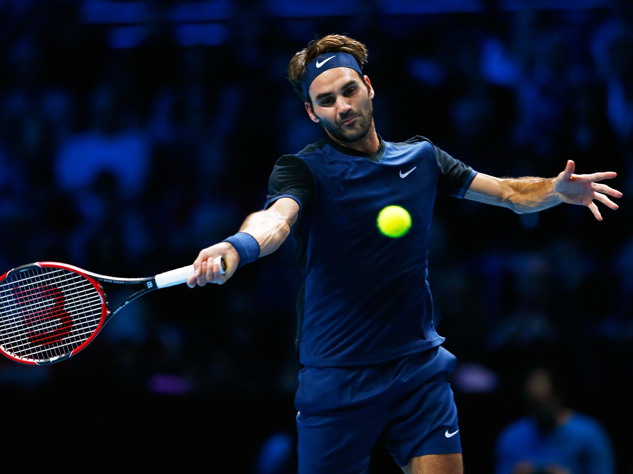 Roger Federer plays a return at the o2 Arena