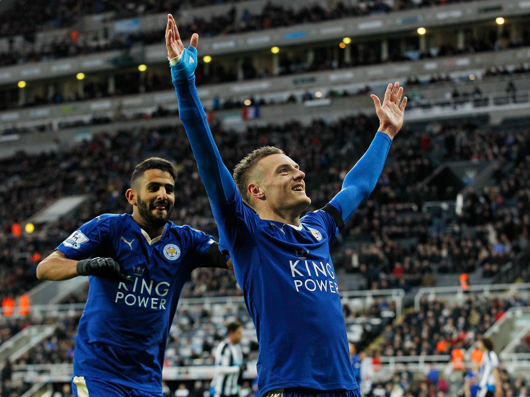 Jamie Vardy celebrates at Newcastle after scoring in a recordequalling 1oth successive Premier League game