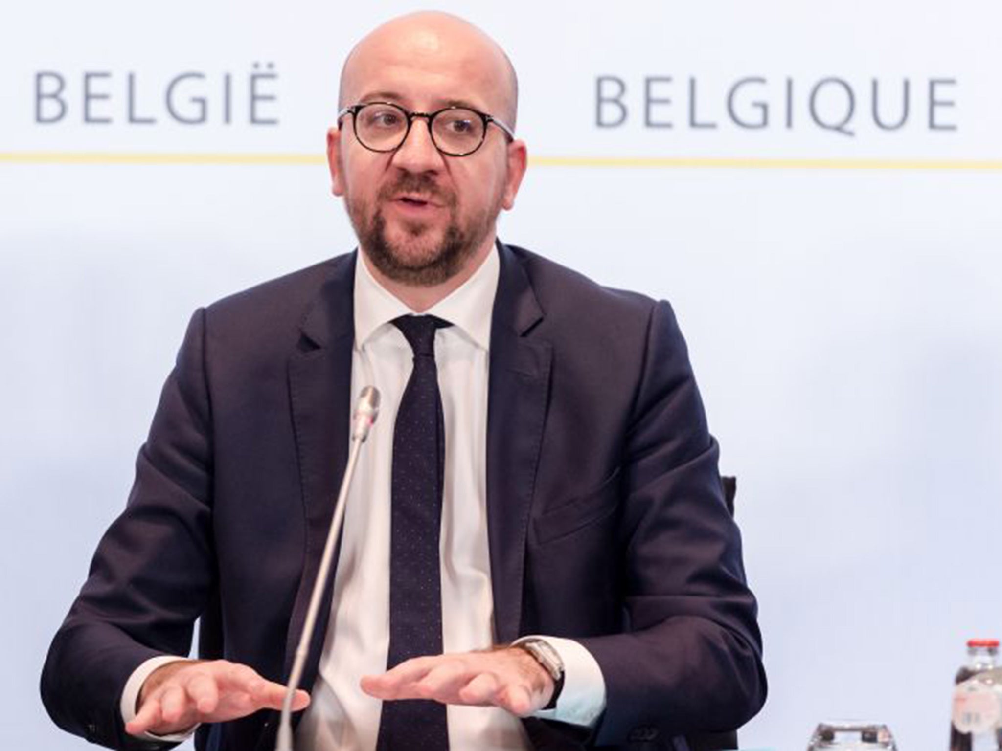 Belgium's Prime Minister Charles Michel addresses the media after a National Security Council meeting in Brussels on Sunday