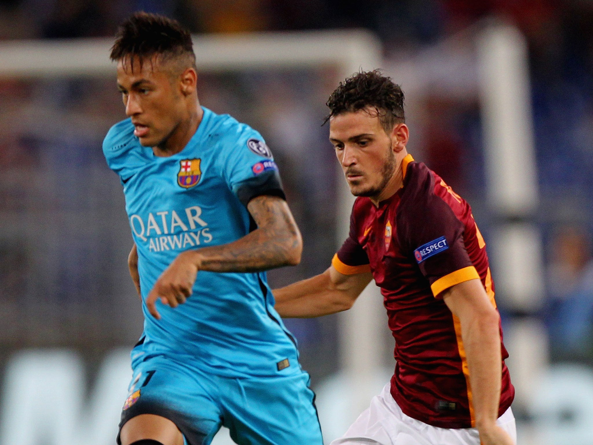 Neymar battles with Allessandro Florenzi during Barcelona's trip to Roma in September