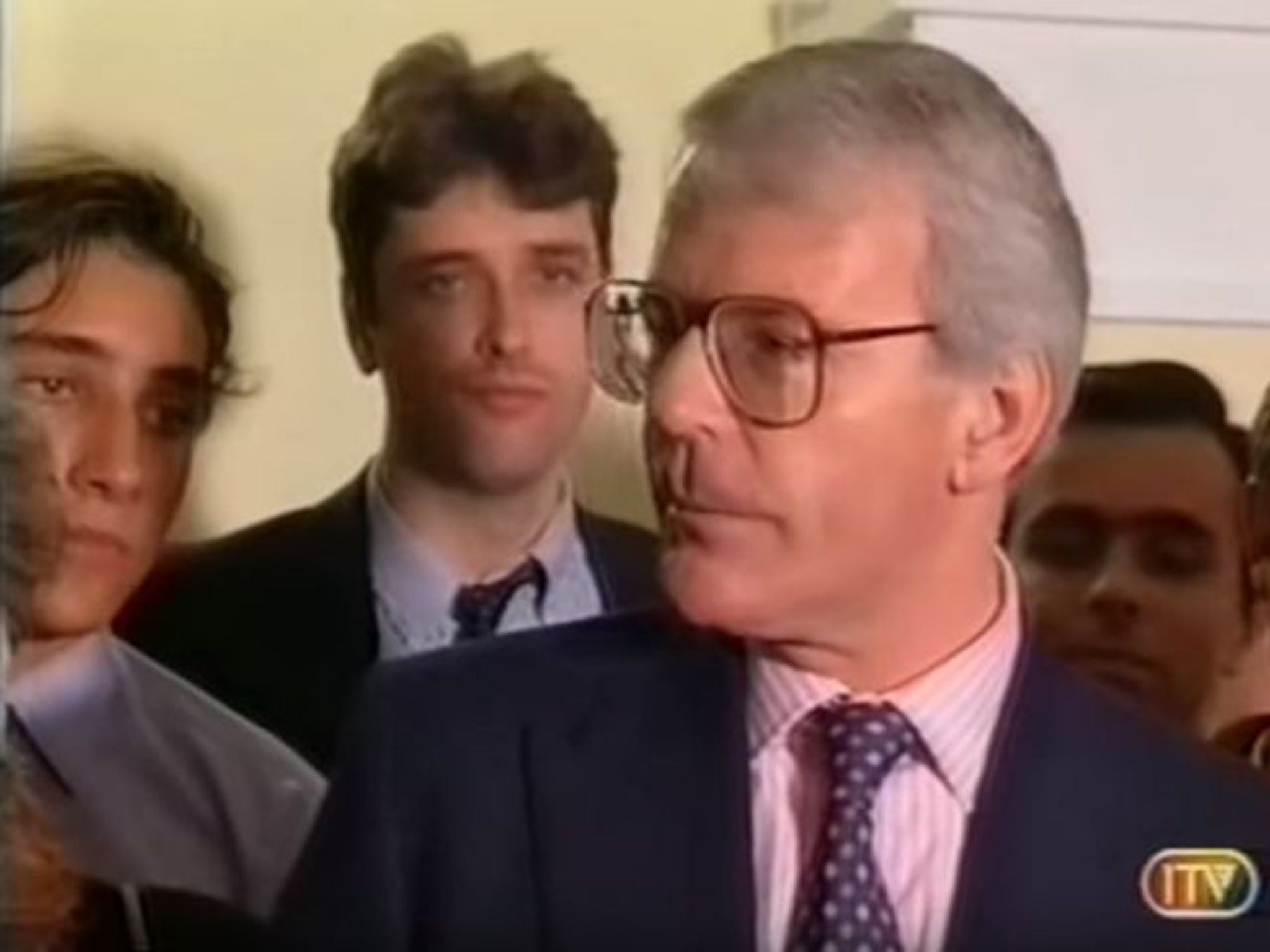 John Major conceding the 1997 General Election in a speech at Smiths Square. Pictured on the left is Mark Clarke