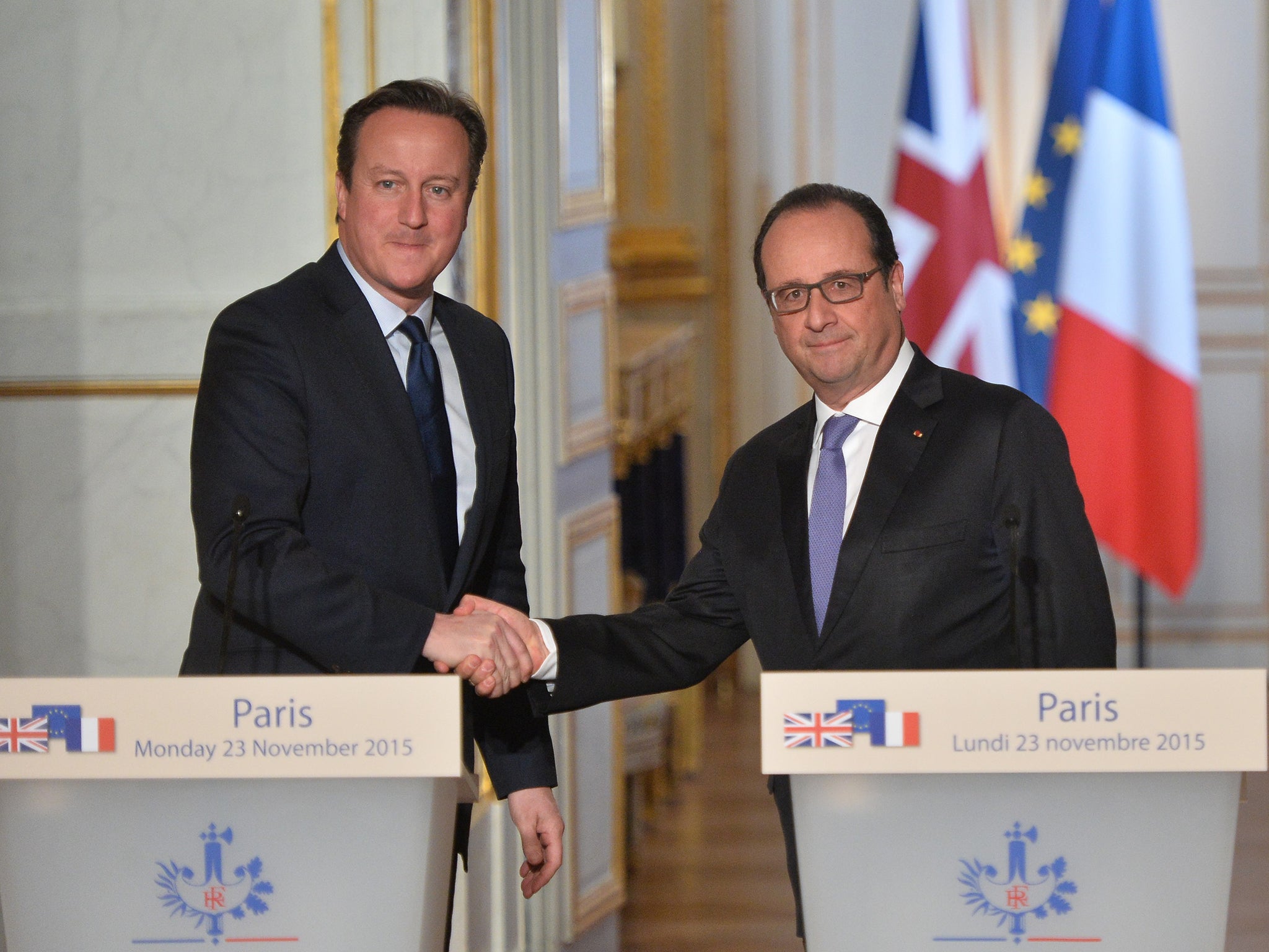 David Cameron has said he “firmly” supports President Hollande’s attacks on Isis in Syria