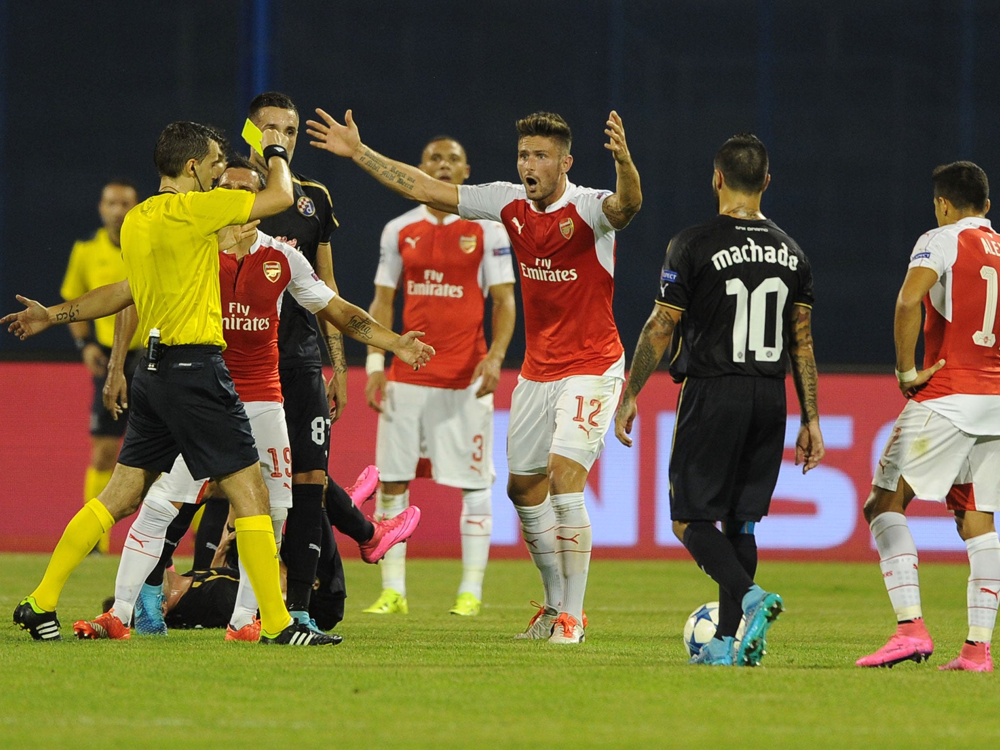 Olivier Giroud was sent-off in the 2-1 loss to Dinamo Zagreb in September