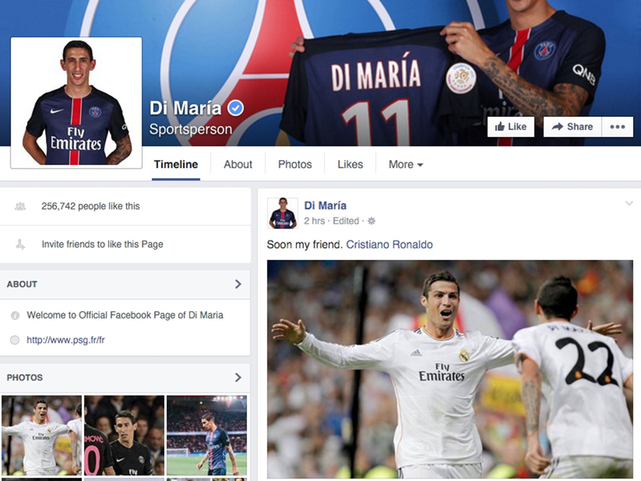 Angel Di Maria's alleged Facebook page posted this message regarding Cristiano Ronaldo