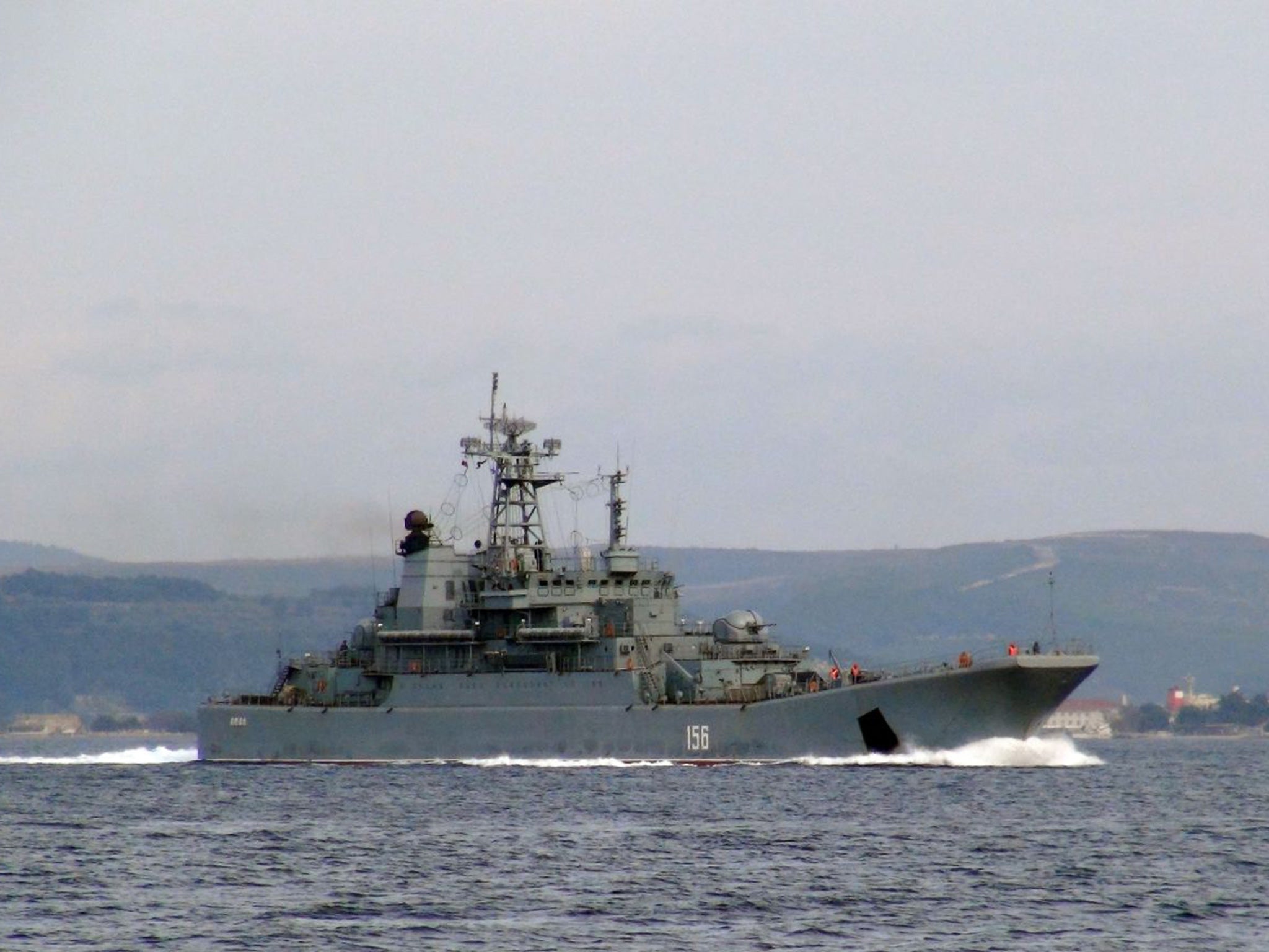 A Russian warship passes through the Dardanelle Straits