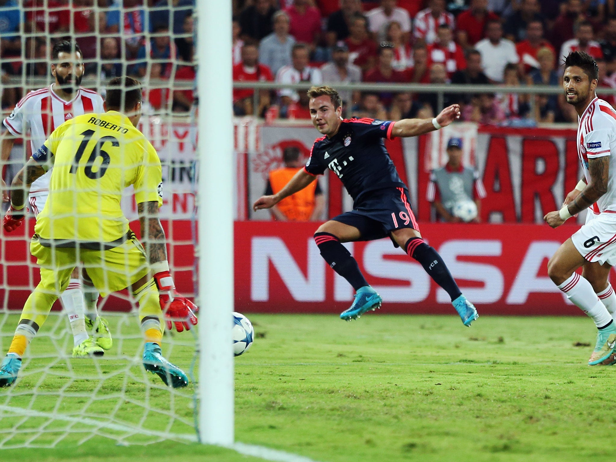 Mario Gotze scores for Bayern Munich against Olympiakos in September