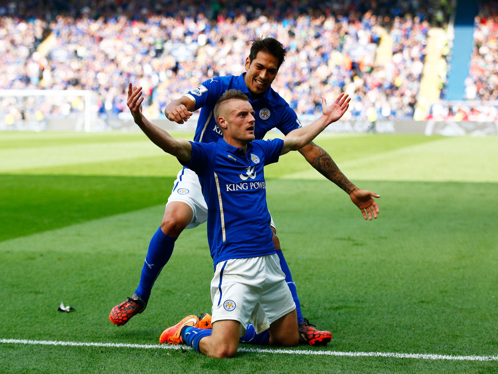 Leicester striker Jamie Vardy celebrates scoring against Manchester United last season