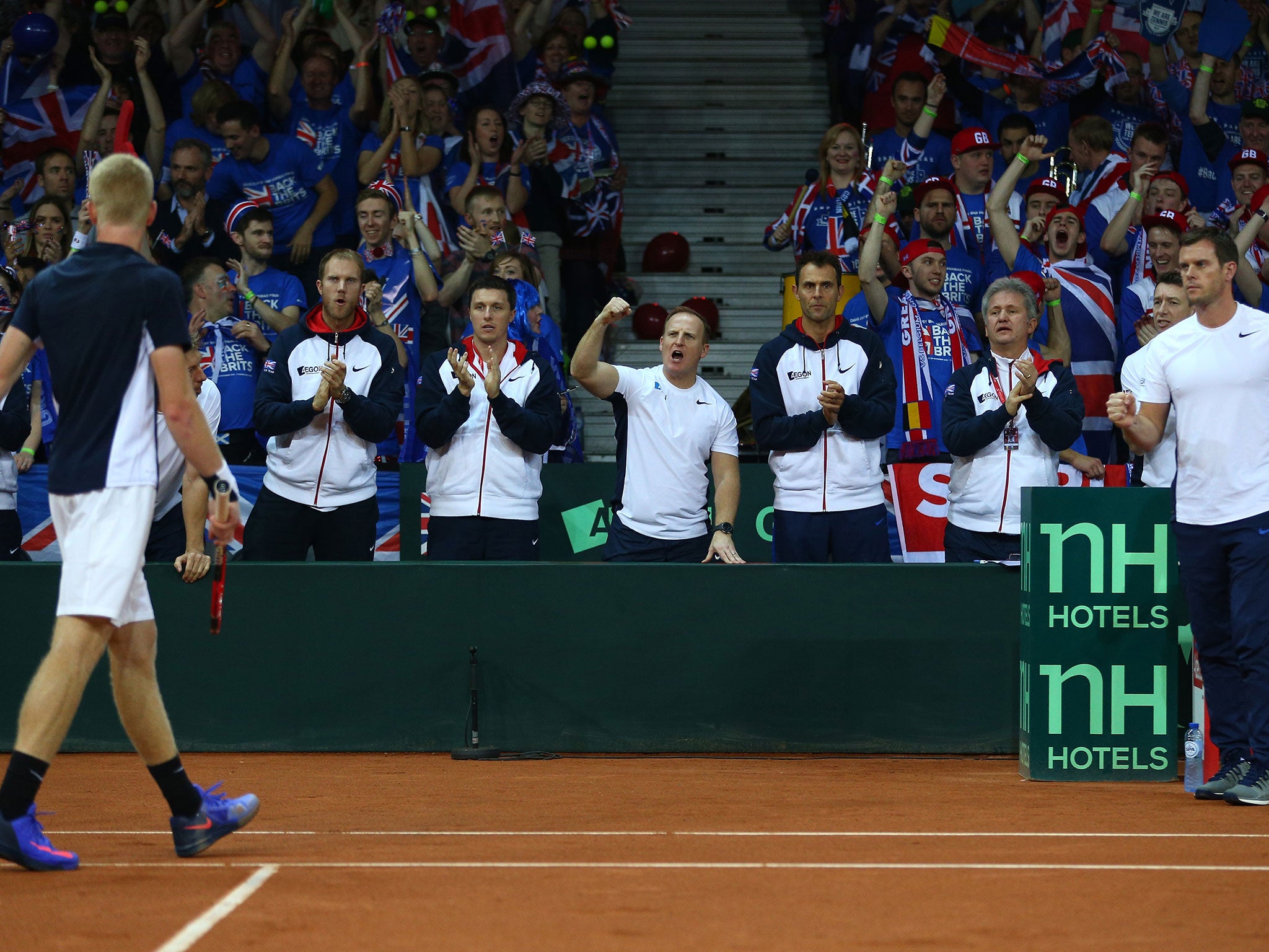 Kyle Edmund's team-mates cheer him on during his Davis Cup match against David Goffin