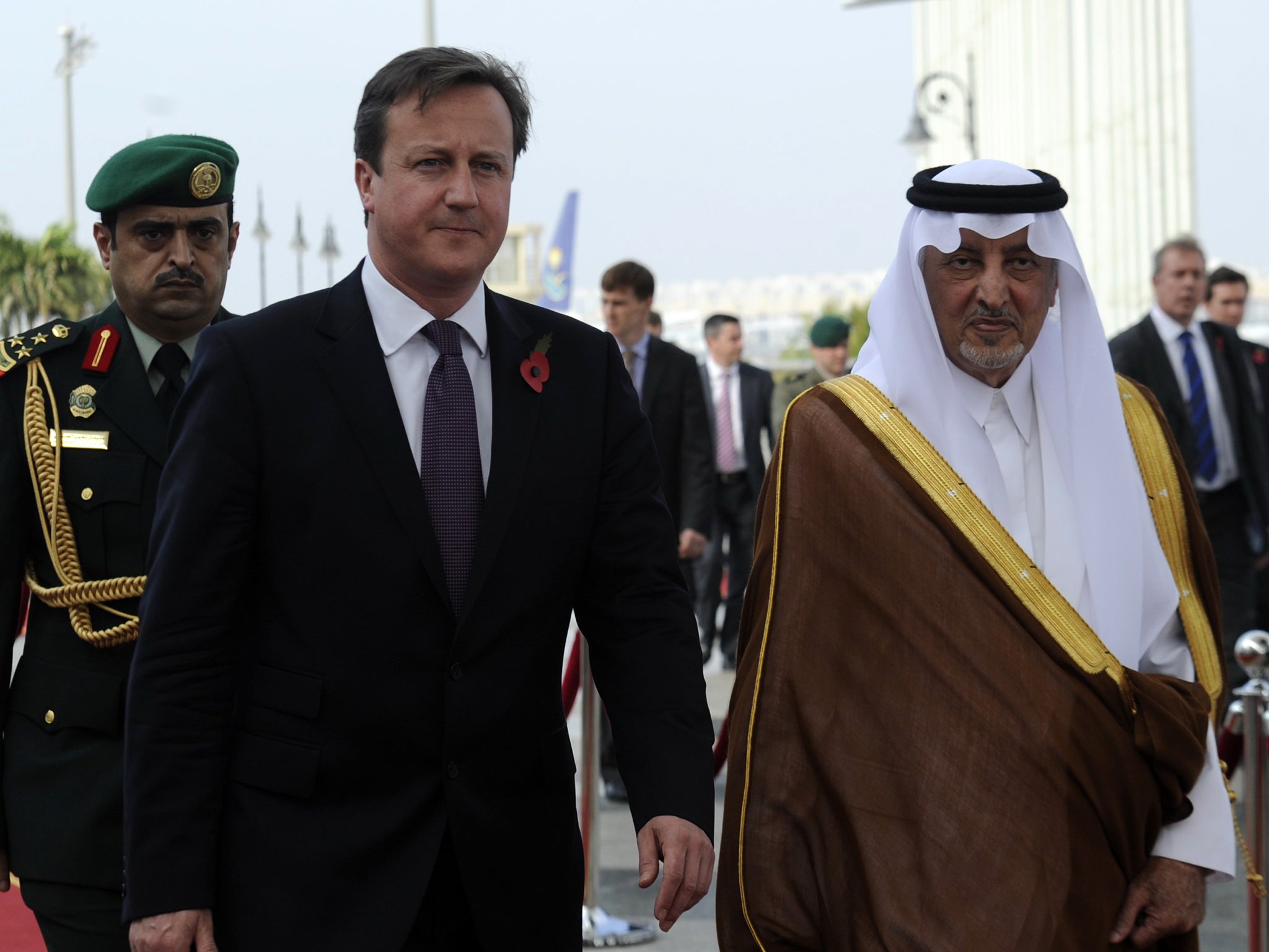 Saudi Emir of Mecca, Prince Khalid bin Faisal bin Abdulaziz welcomes David Cameron to the Saudi city of Jeddah in 2012