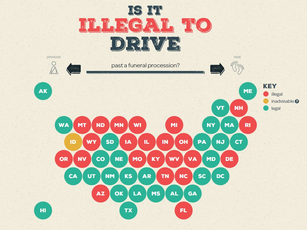 The US states where it is and is not legal to drive past a funeral procession