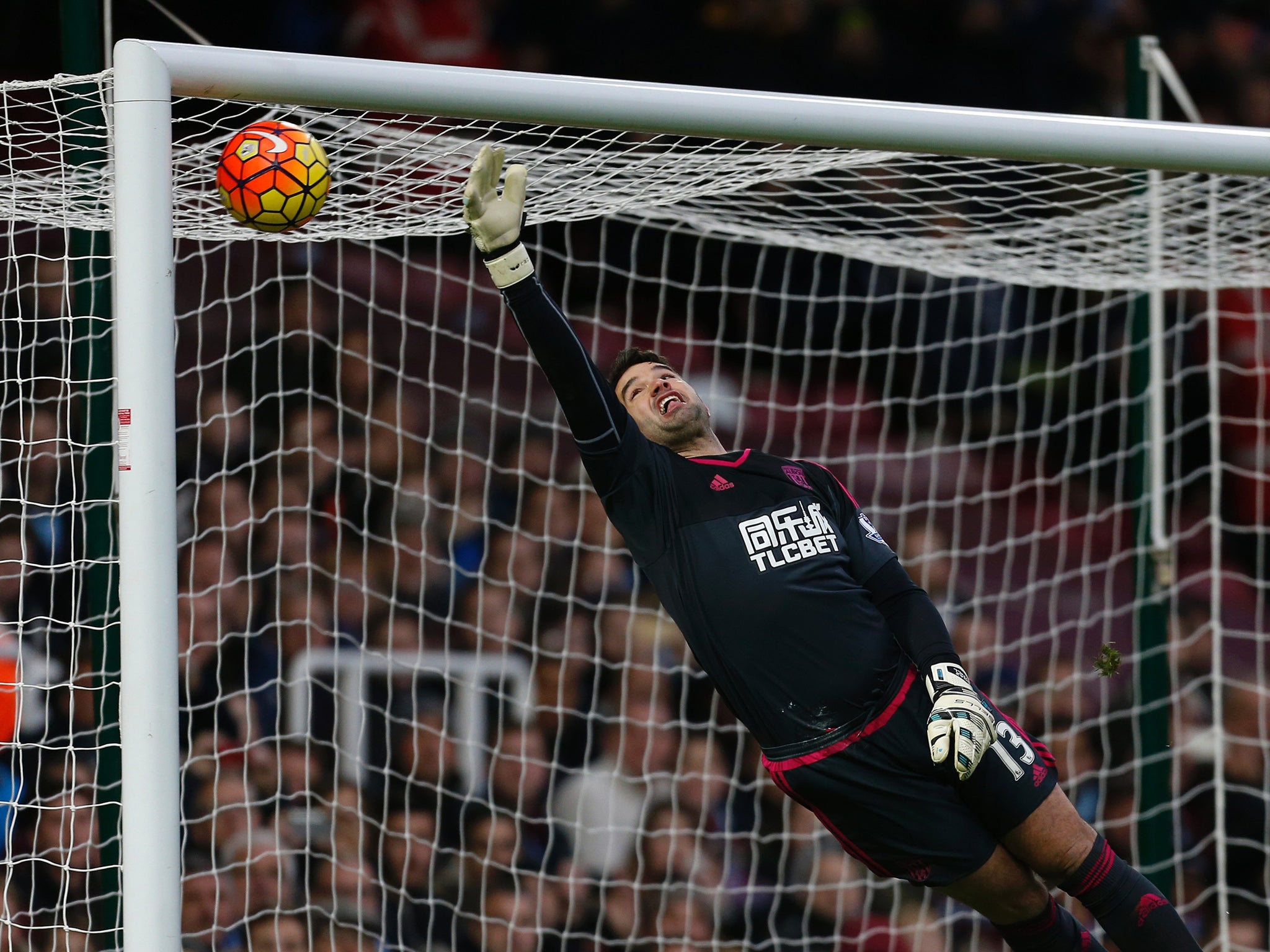 West Brom goalkeeper Boaz Myhill could not get near Zarate's effort