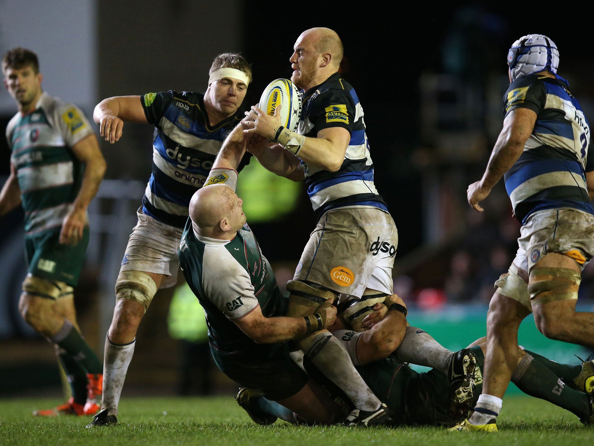 Dan Cole brings Bath’s Matt Garvey to a standstill at Welford Road