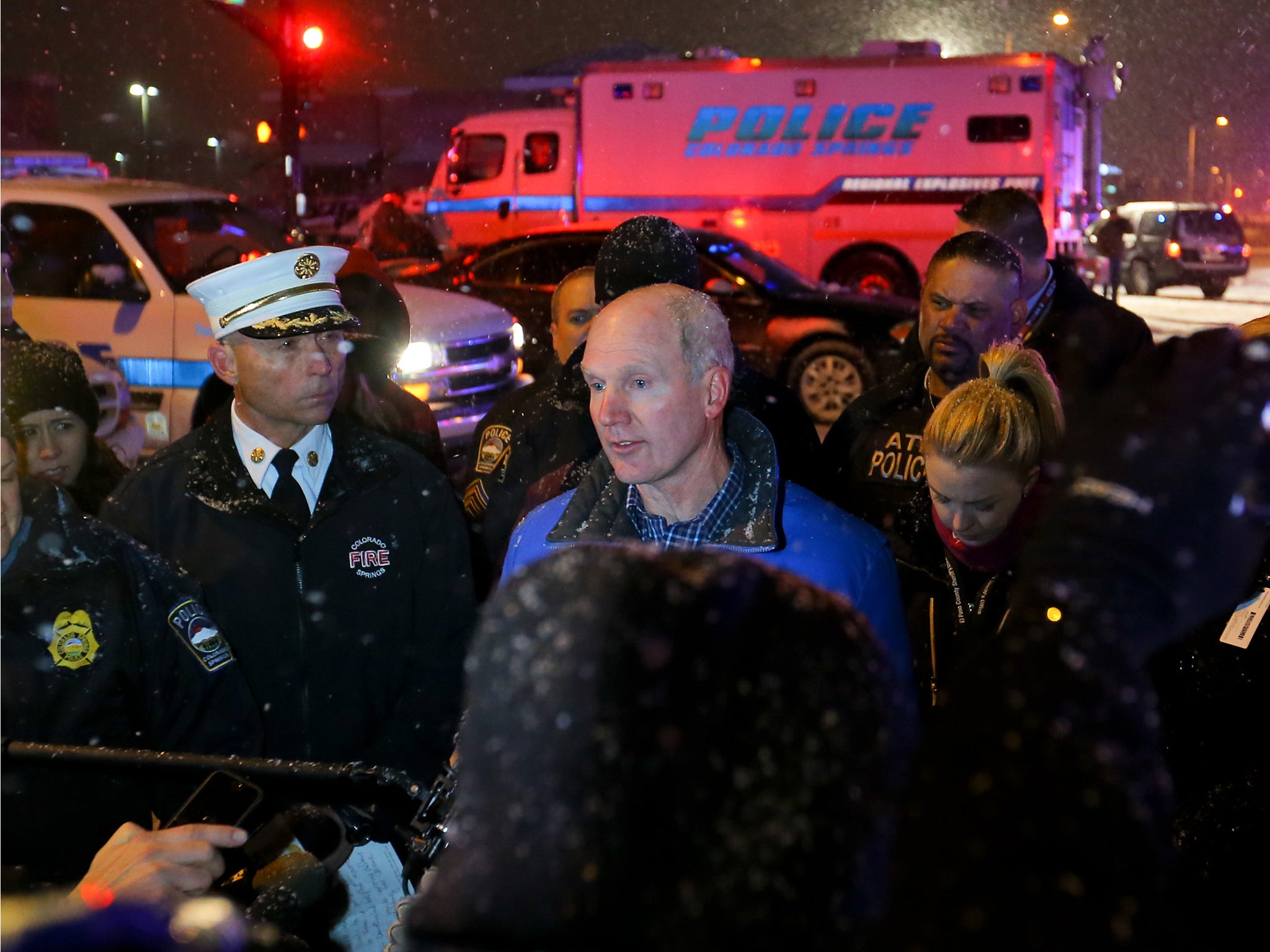 District Attorney Dan May addresses the media during an active shooter situation outside a Planned Parenthood facility27 November, 2015 in Colorado Springs