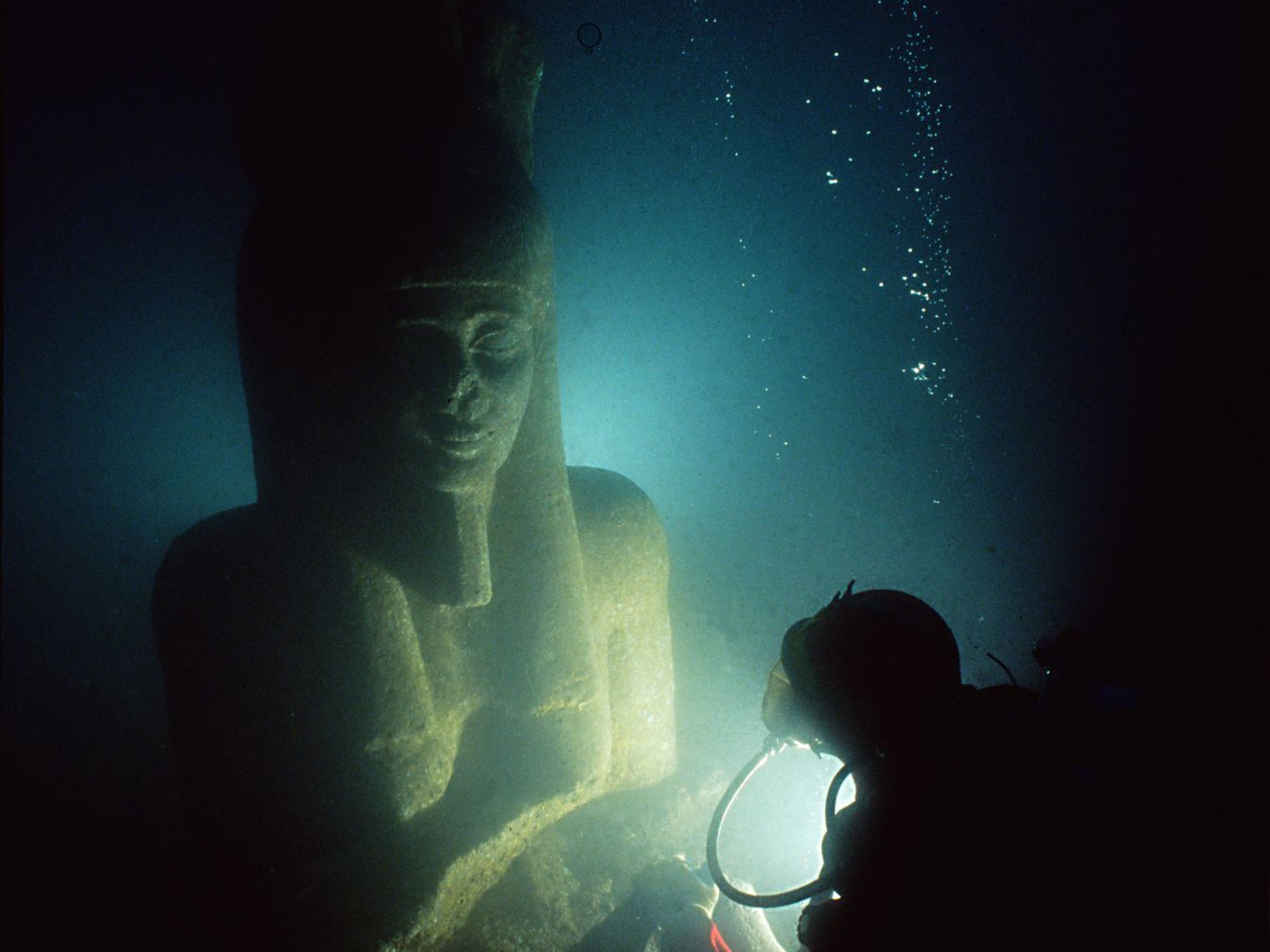 A red-granite statue of the god Hapy at Aboukir Bay in Egypt. The five-metre statue will feature in an exhibition at the British Museum opening in May