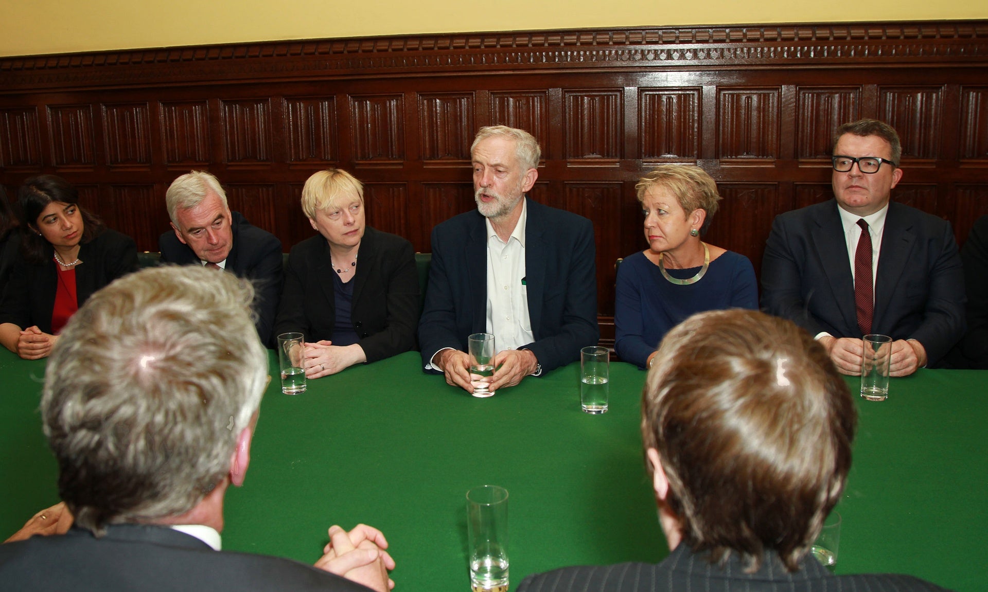 Jeremy Corbyn is flanked by Shadow Business Secretary Angela Eagle (left) and chief whip Rosie Winterton (right) at a meeting of his Shadow Cabinet