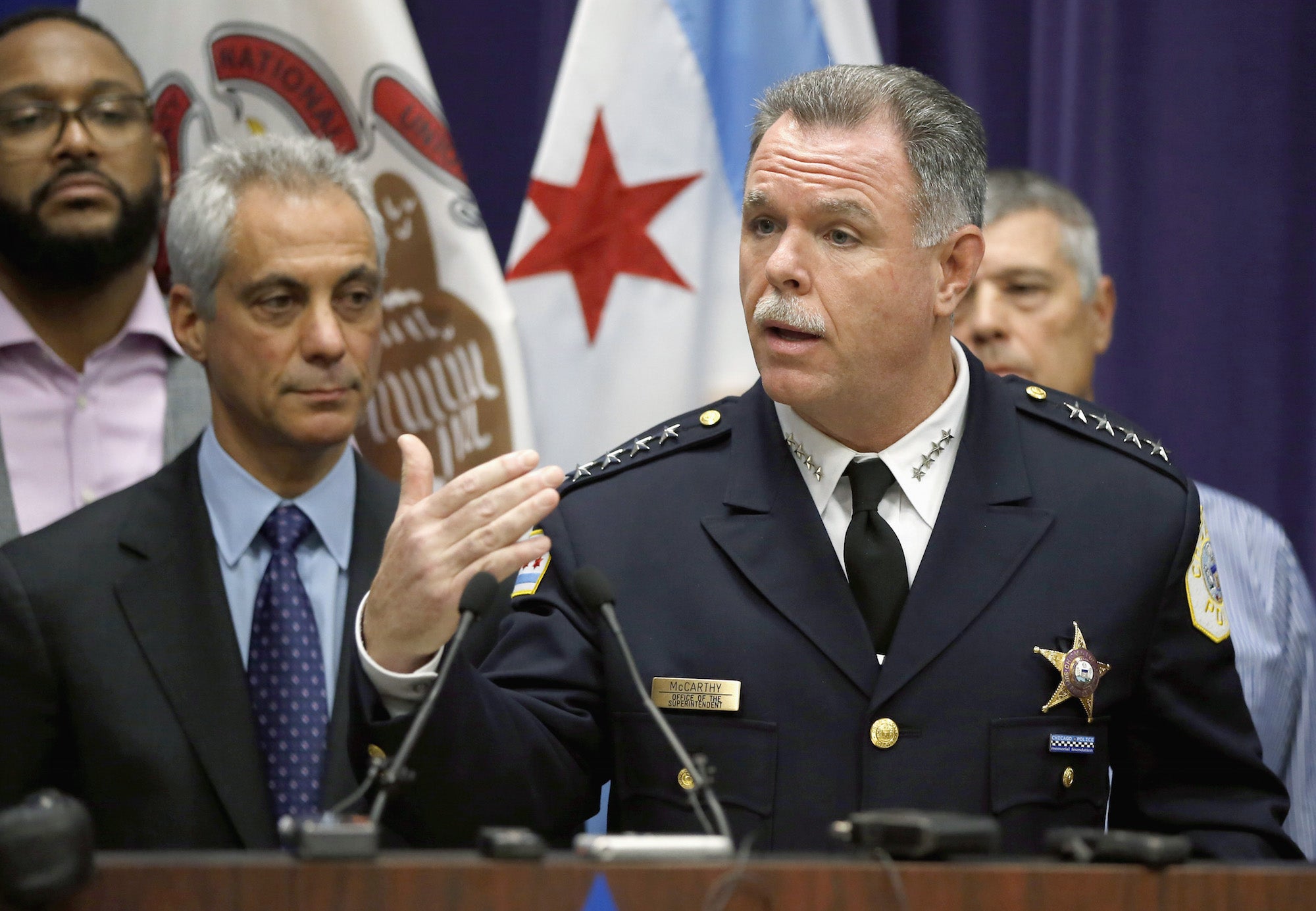 Police Superintendent Garry McCarthy, right, appears at a news conference with Chicago Mayor Rahm Emanuel, left.