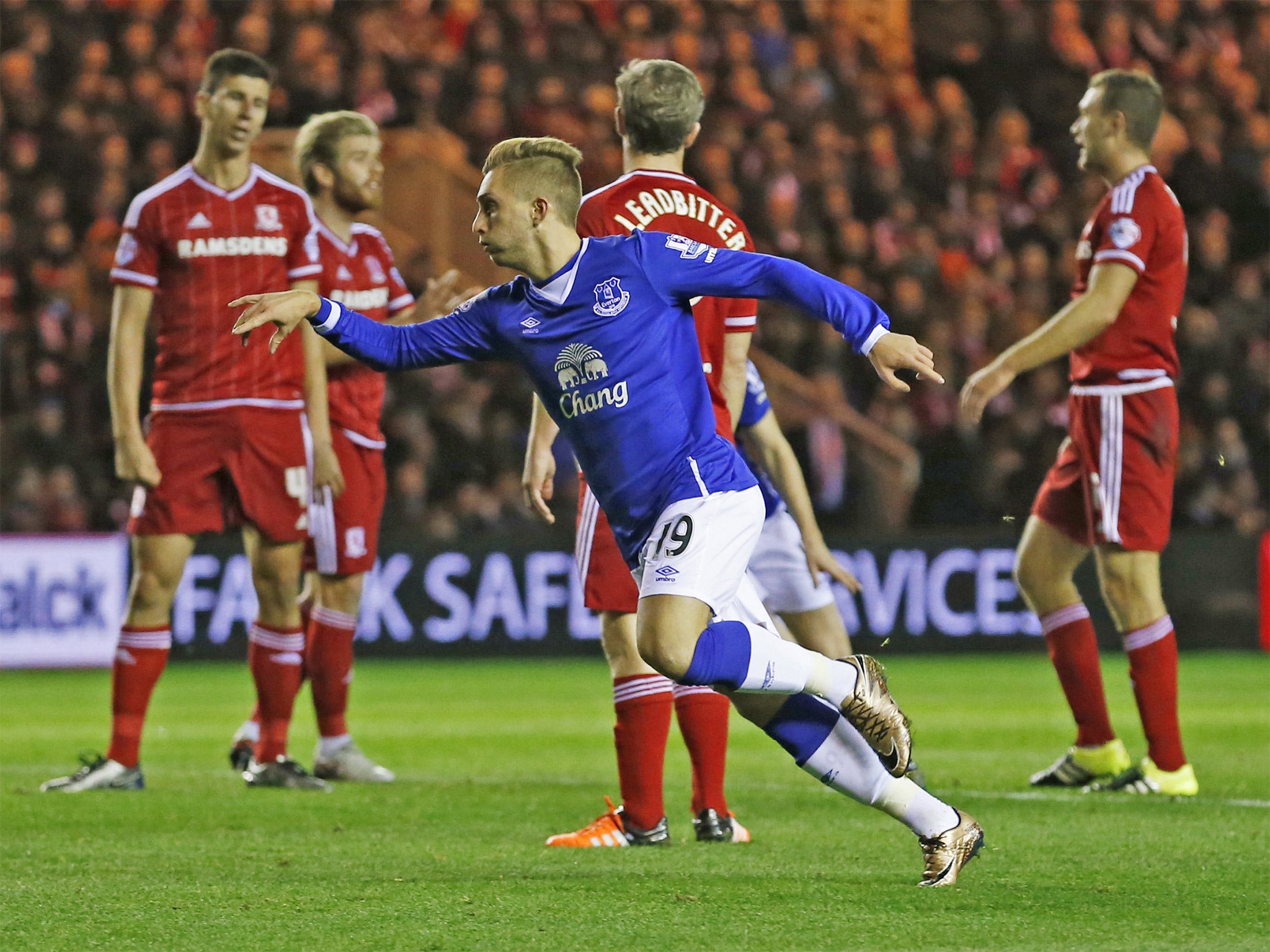 &#13;
Gerard Deulofeu spins away to celebrate scoring Everton’s opener against Middlesbrough on Tuesday night &#13;