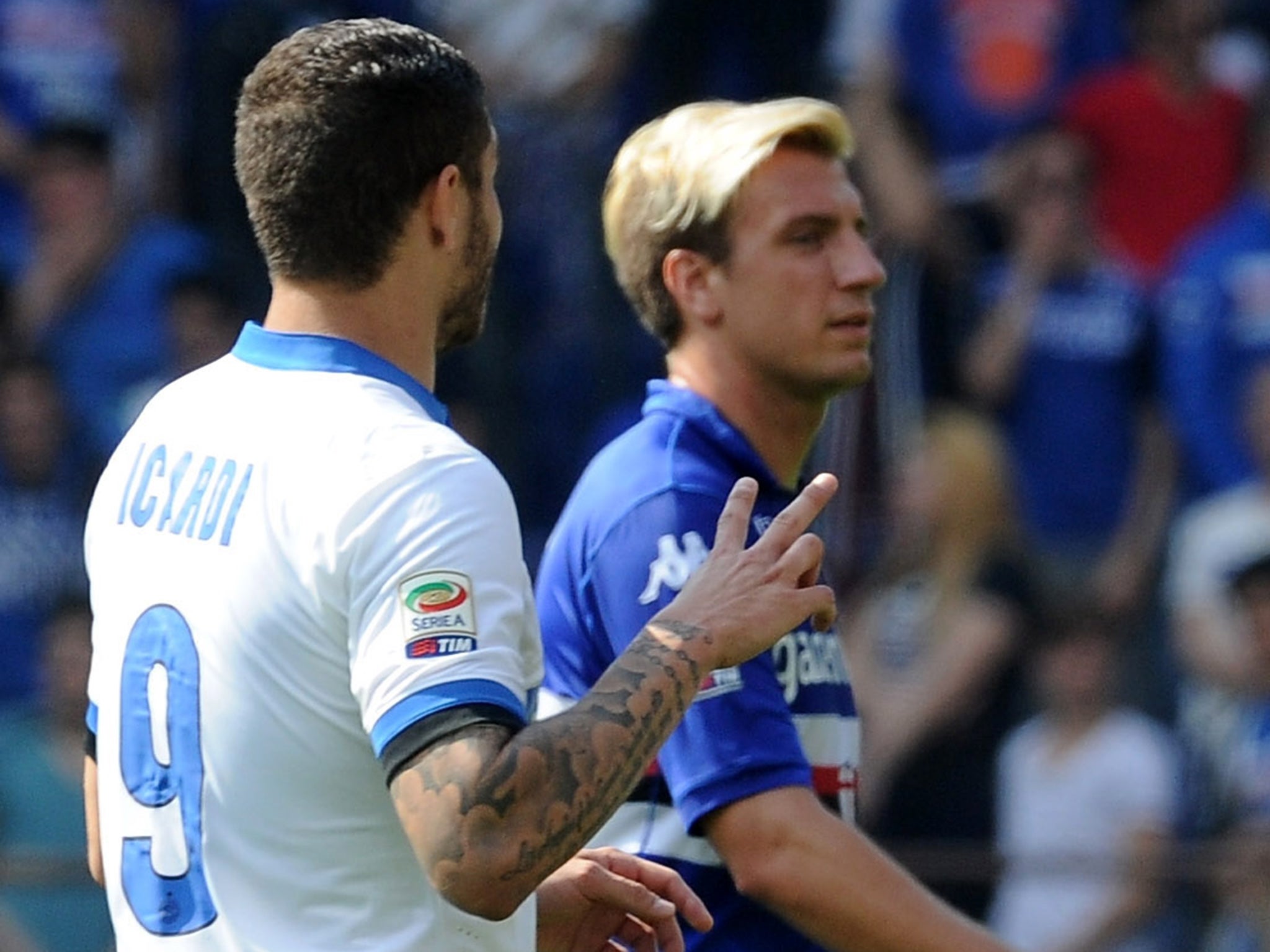 Mauro ICardi and Maxi Lopez pictured playing against each other in April 2014