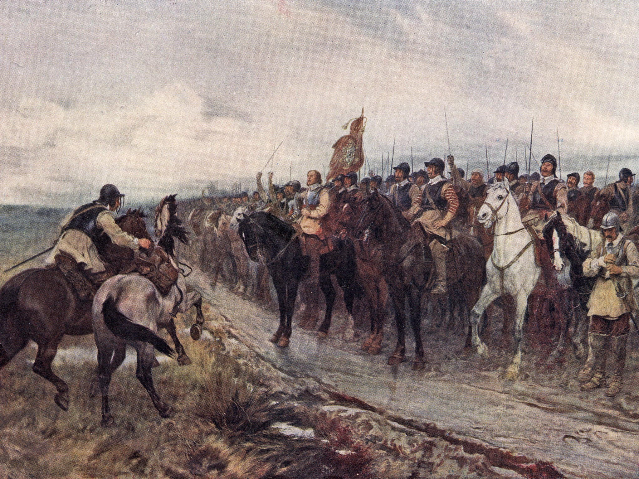 Oliver Cromwell with his men at the battle of Dunbar in 1650, as painted by Andrew Carrick Gow in 1886