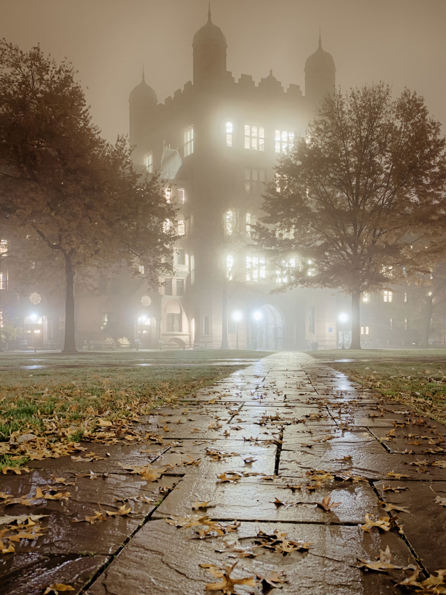 Yale’s Old Campus at night. Halloween was the catalyst for a series of angry protests at the university