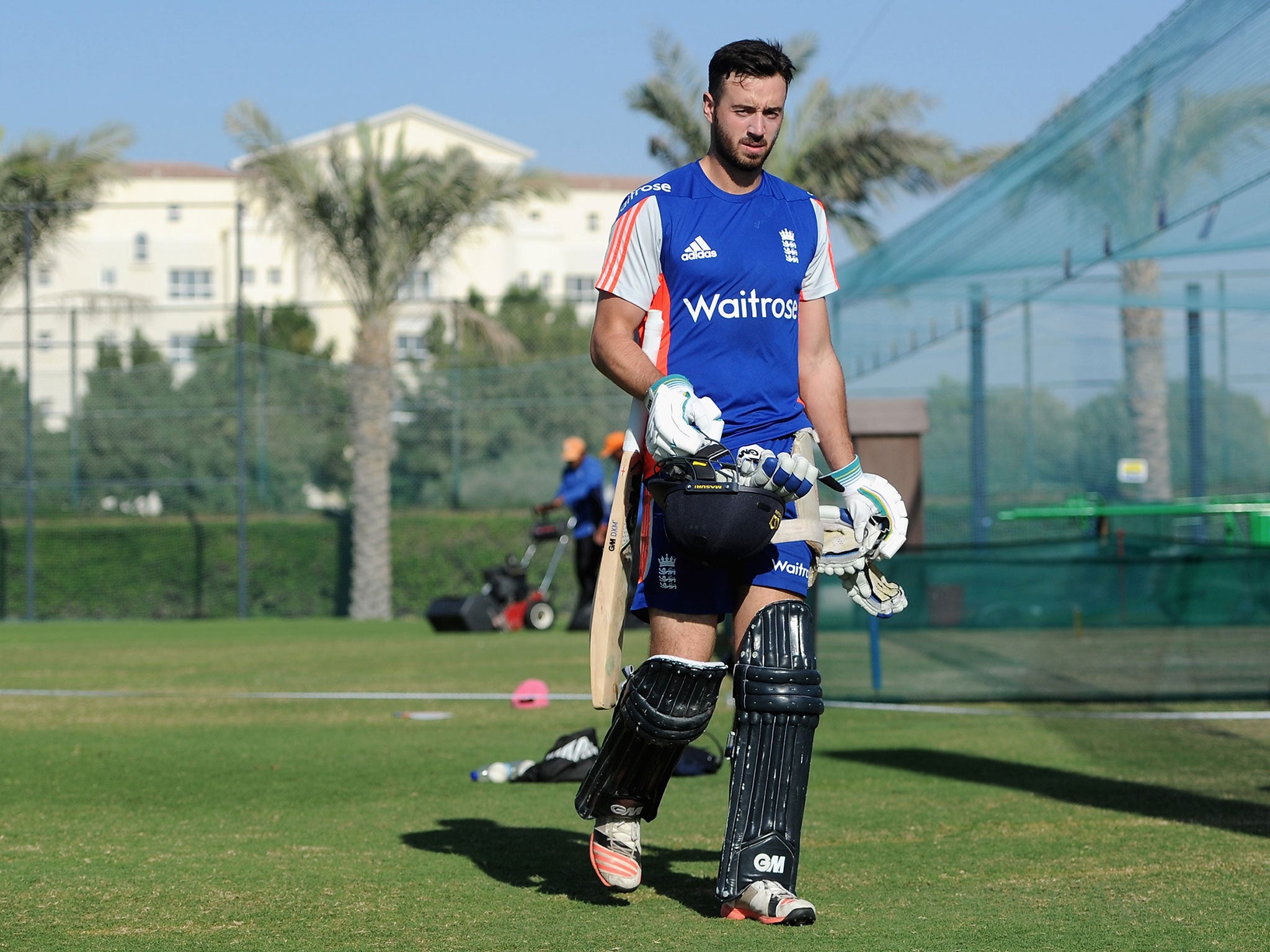 James Vince takes a break from net practice in the United Arab Emirates