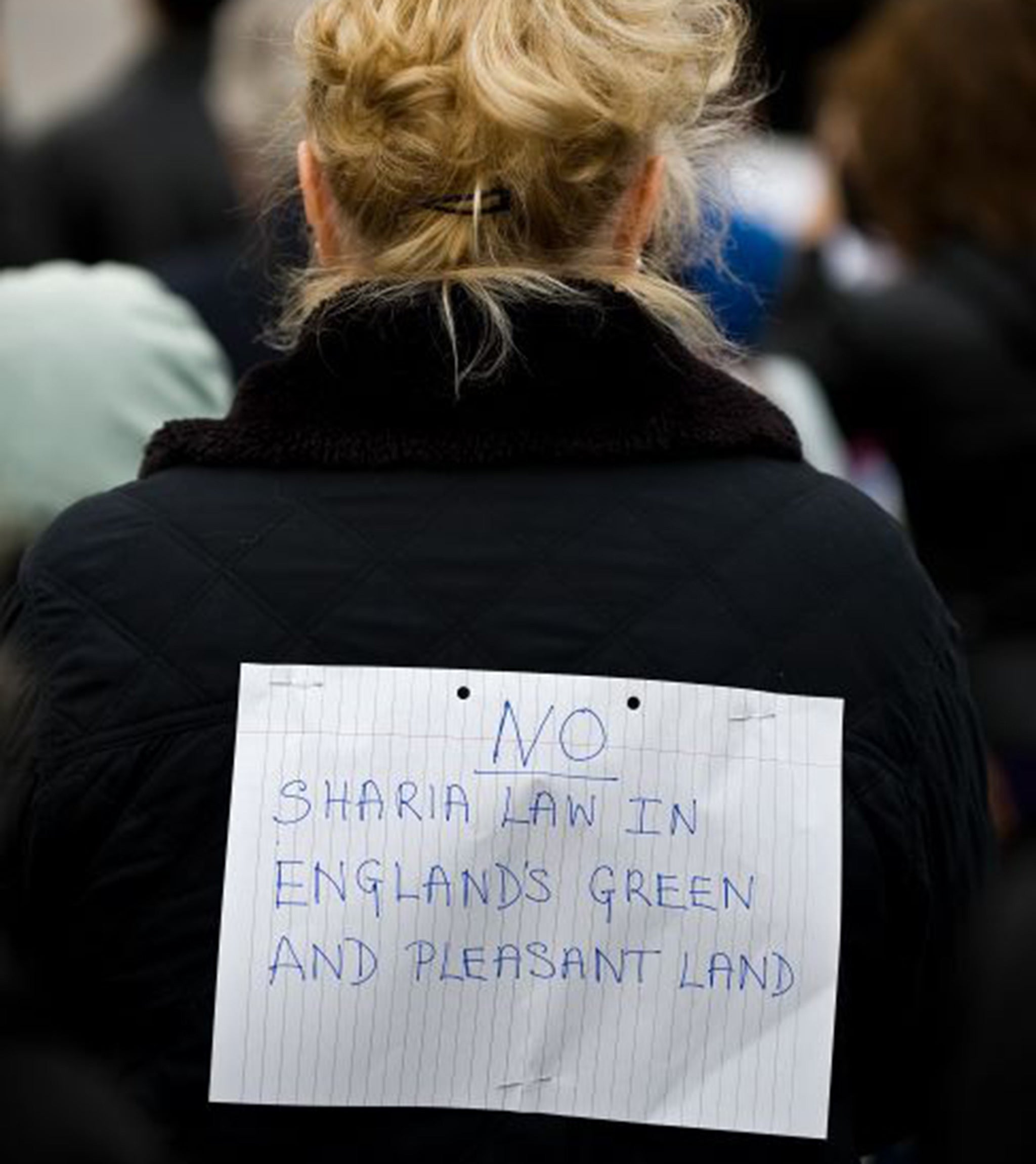 A woman at an anti-Sharia law demonstration in Hyde Park