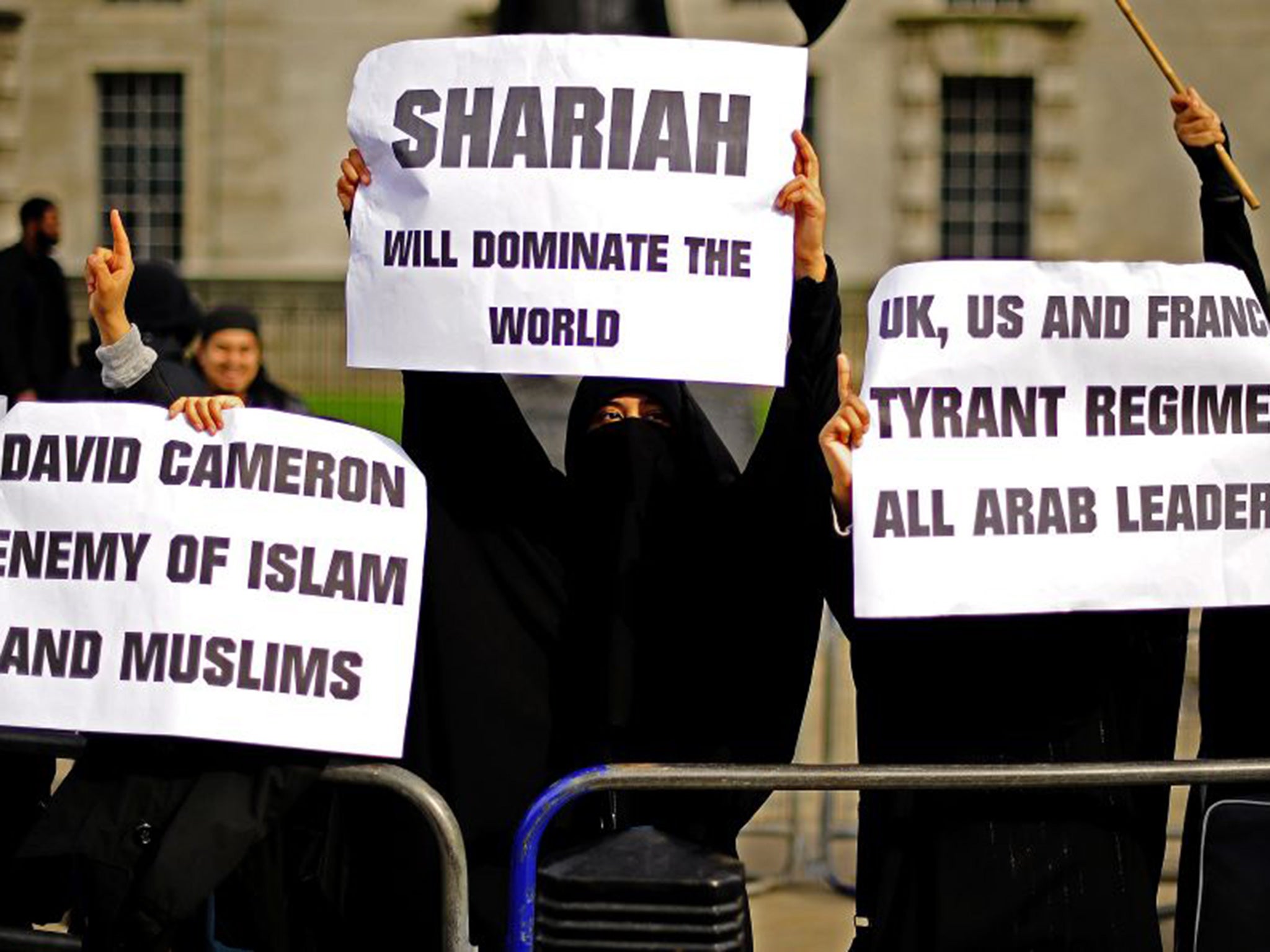 Muslim women demonstrate in favour of Sharia law during a protest outside 10 Downing Street in 2011