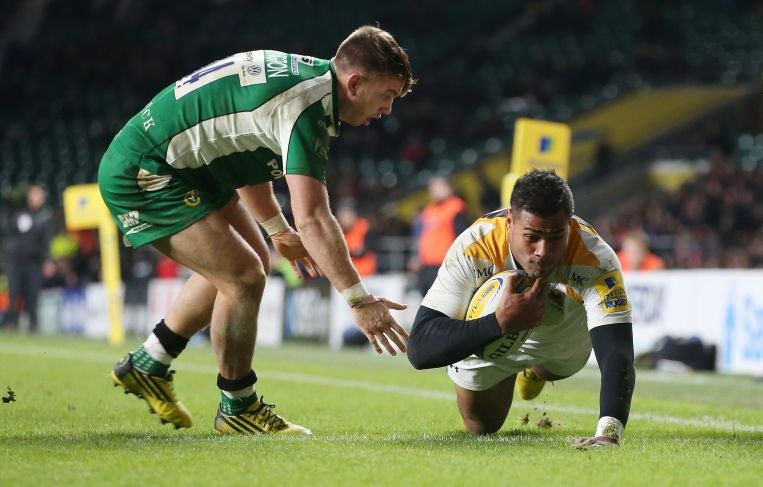 Frank Halai dives over for a try during Wasps’ Premiership victory over London Irish at Twickenham last weekend