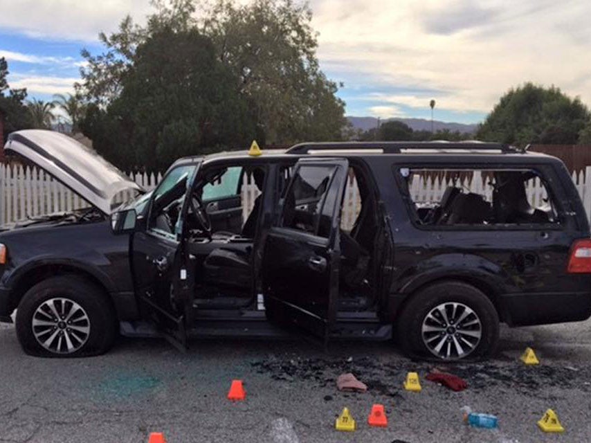 The suspect vehicle involved in a shootout with police San Bernardino County Sheriff's Department