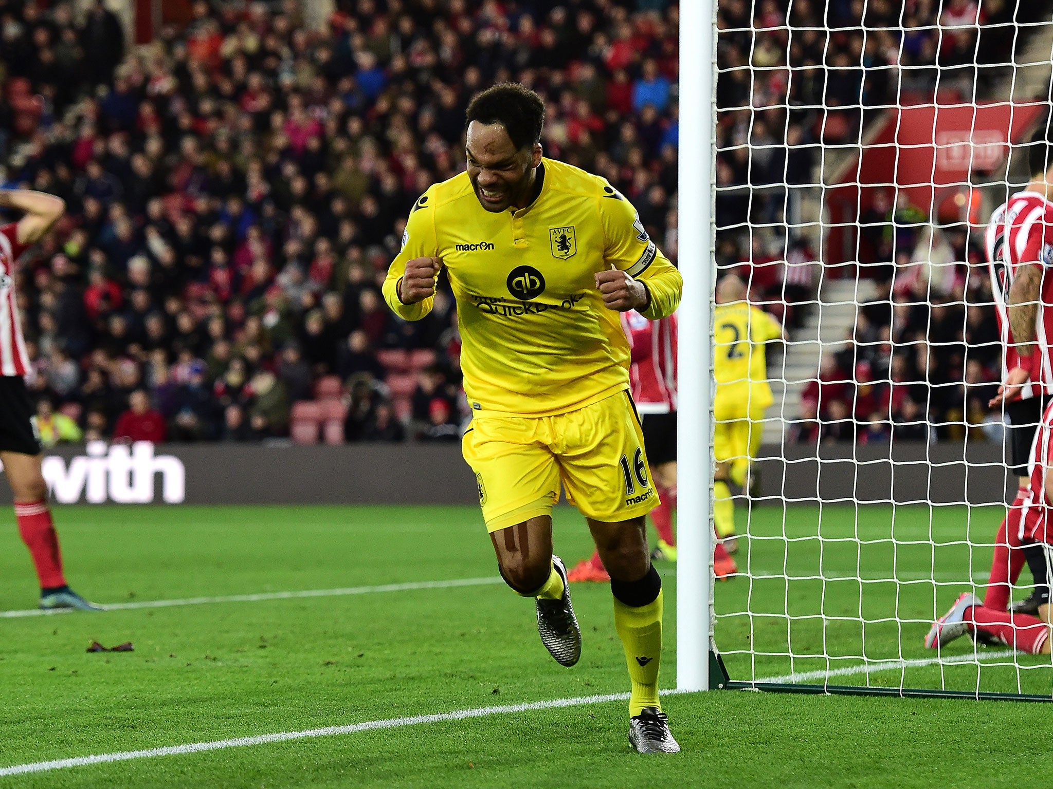 Joleon Lescott celebrates after scoring Aston Villa's opening goal against Southampton