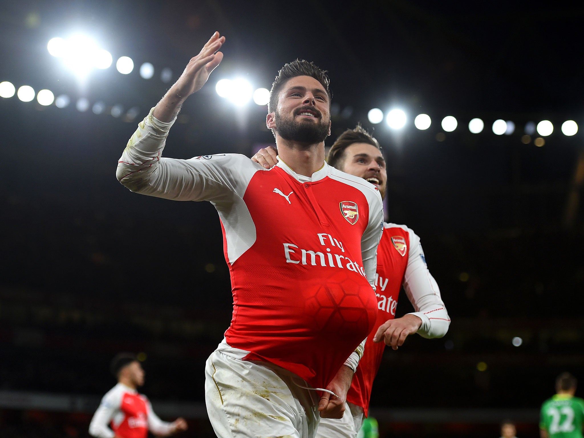 Olivier Giroud celebrates scoring Arsenal's second goal