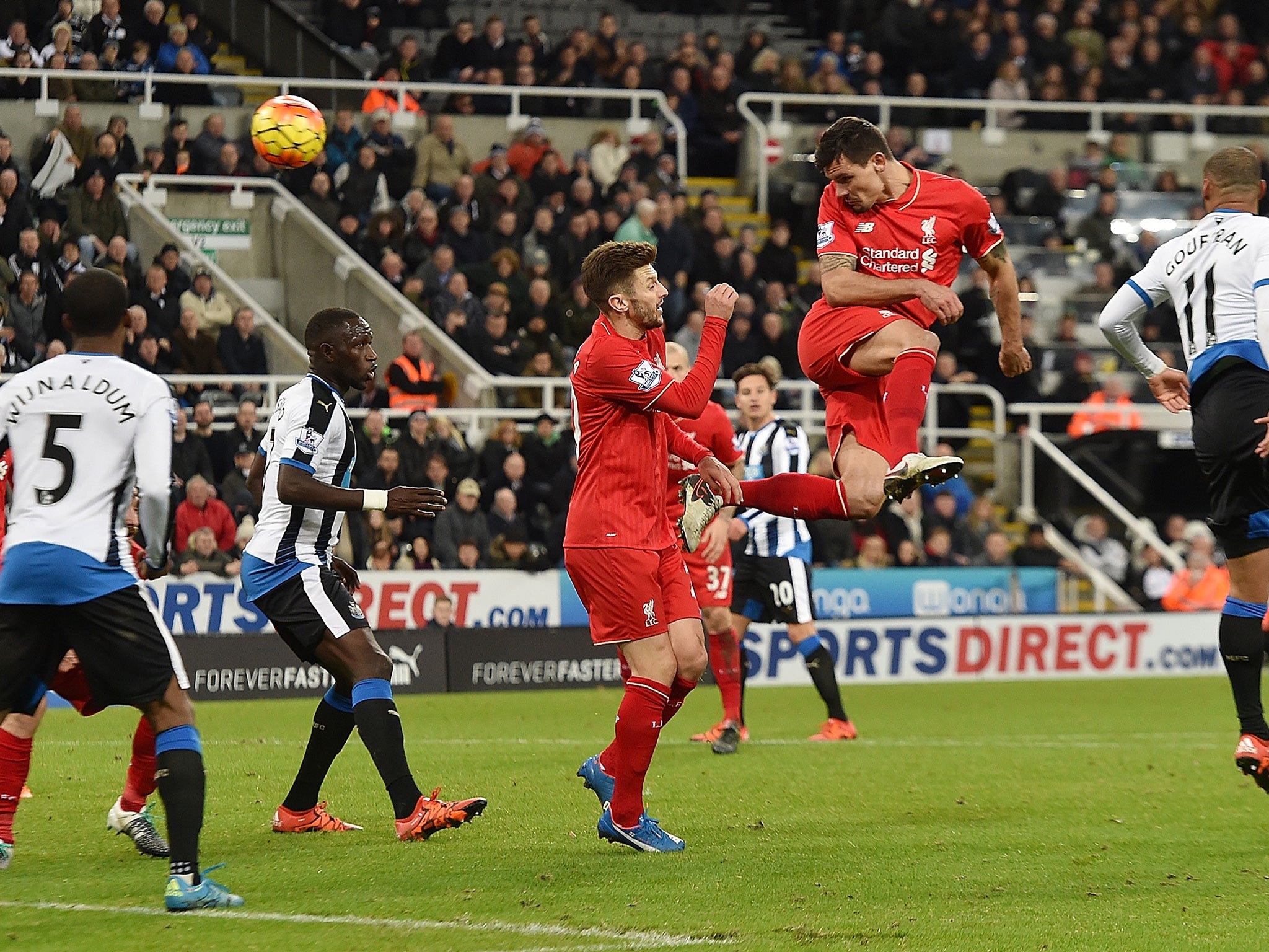 Central defender Dejan Lovren, right, goes close with a header but Liverpool failed to score for only the second game under Jürgen Klopp