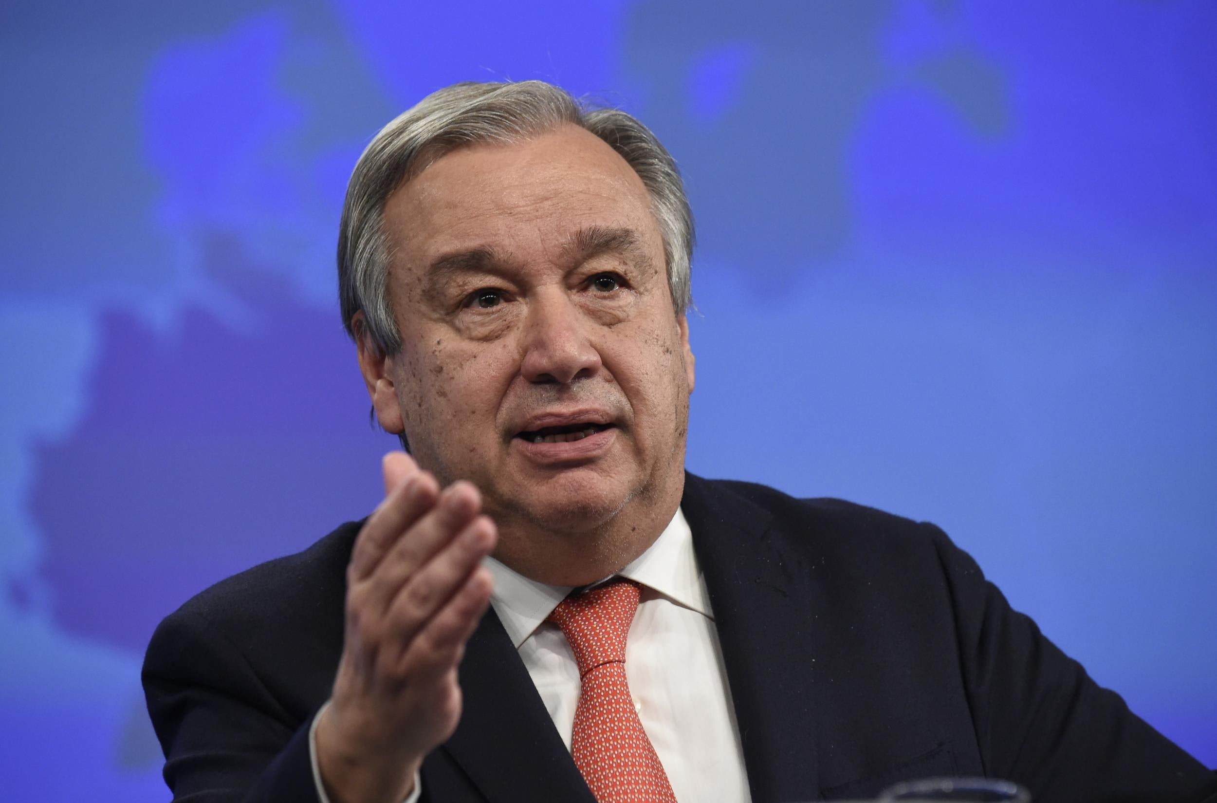 Antonio Guterres gives a press conference during the EU-Balkans mini European Summit