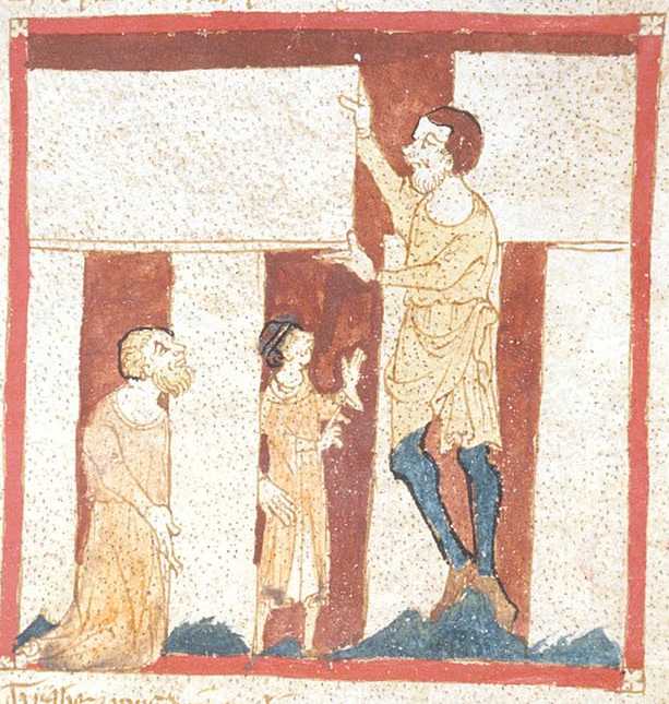 An 12th Century illustration from Brut that shows a giant helping Merlin build Stonehenge