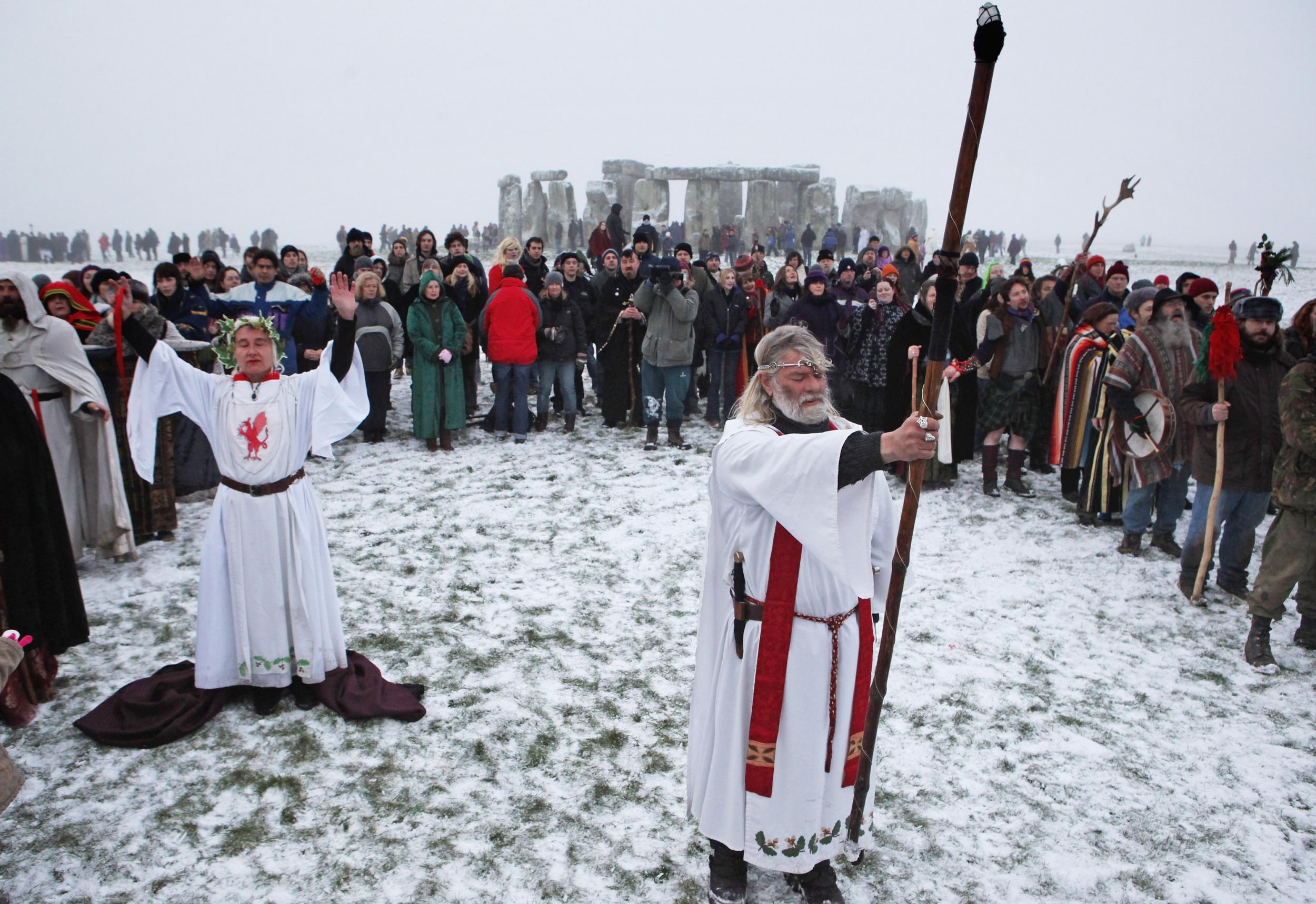 Druid Arthur Uther Pendragon, formally known as John Rothwell, conducts a service at Stonehenge on the winter solstice in 2009