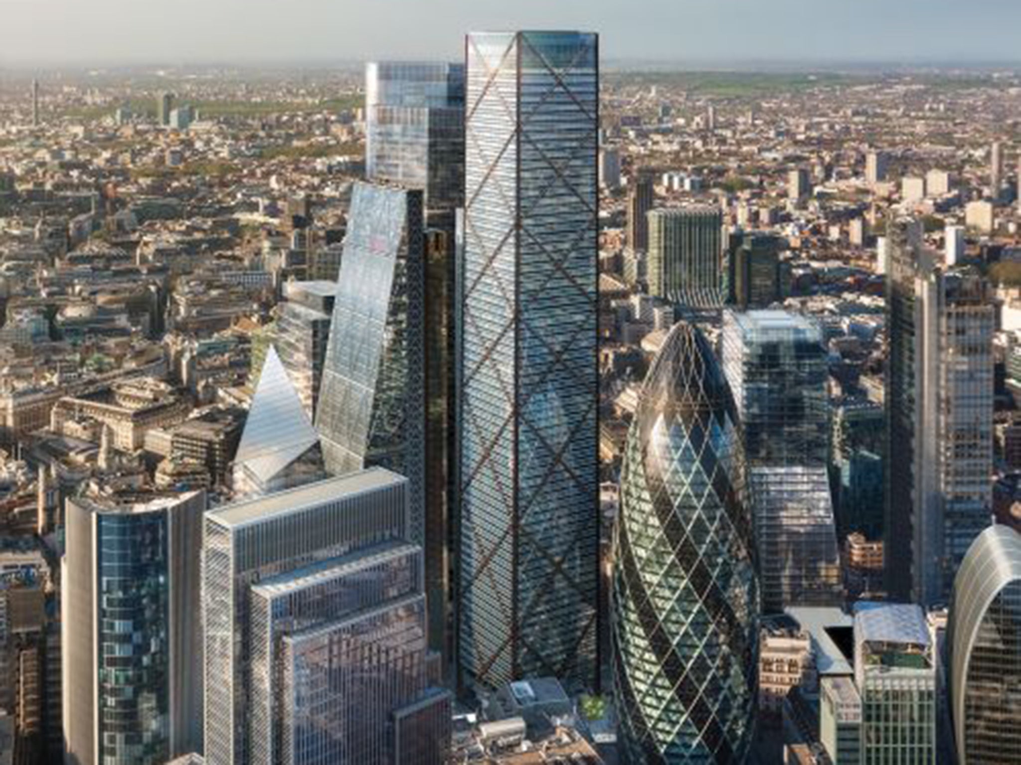 An artist’s impression shows how the Trellis will dwarf the Cheesegrater, left, and the Gherkin, right, in the City of London