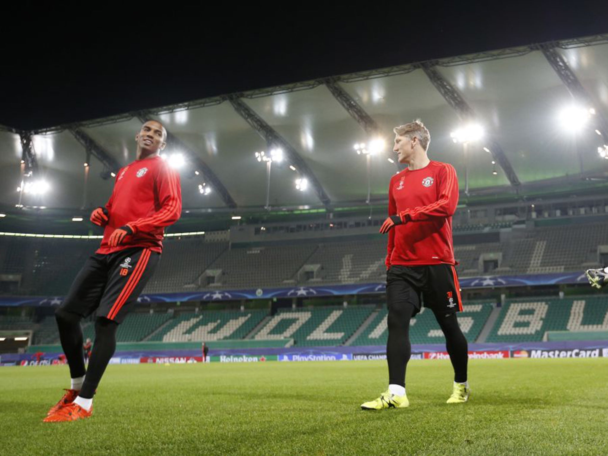 Bastian Schweinsteiger, right, who was charged by the FA with violent conduct, and Ashley Young during Manchester United’s training session at the Volkswagen Arena on Monday night