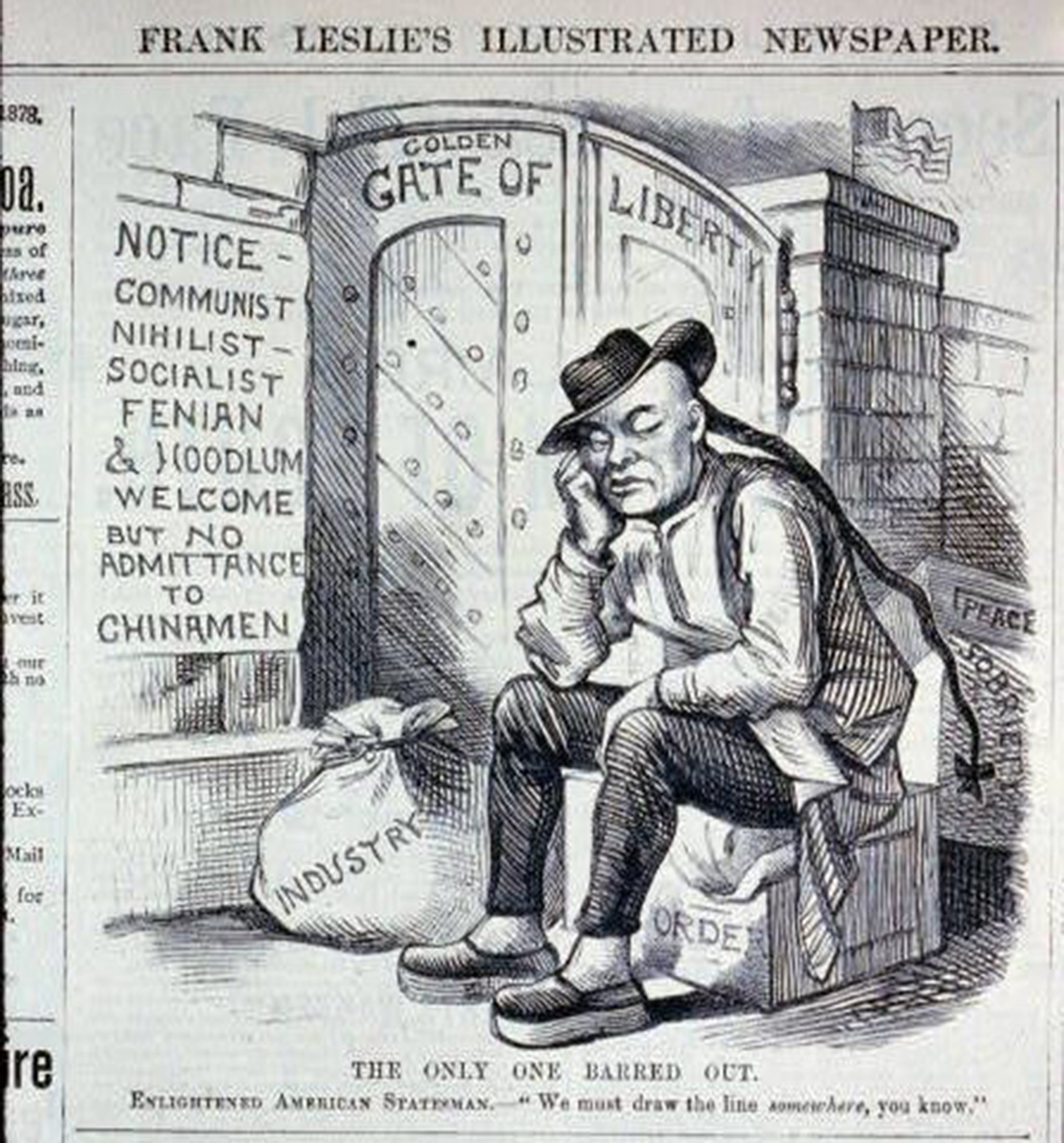 A political cartoon from 1882 about the Chinese Exclusion Act