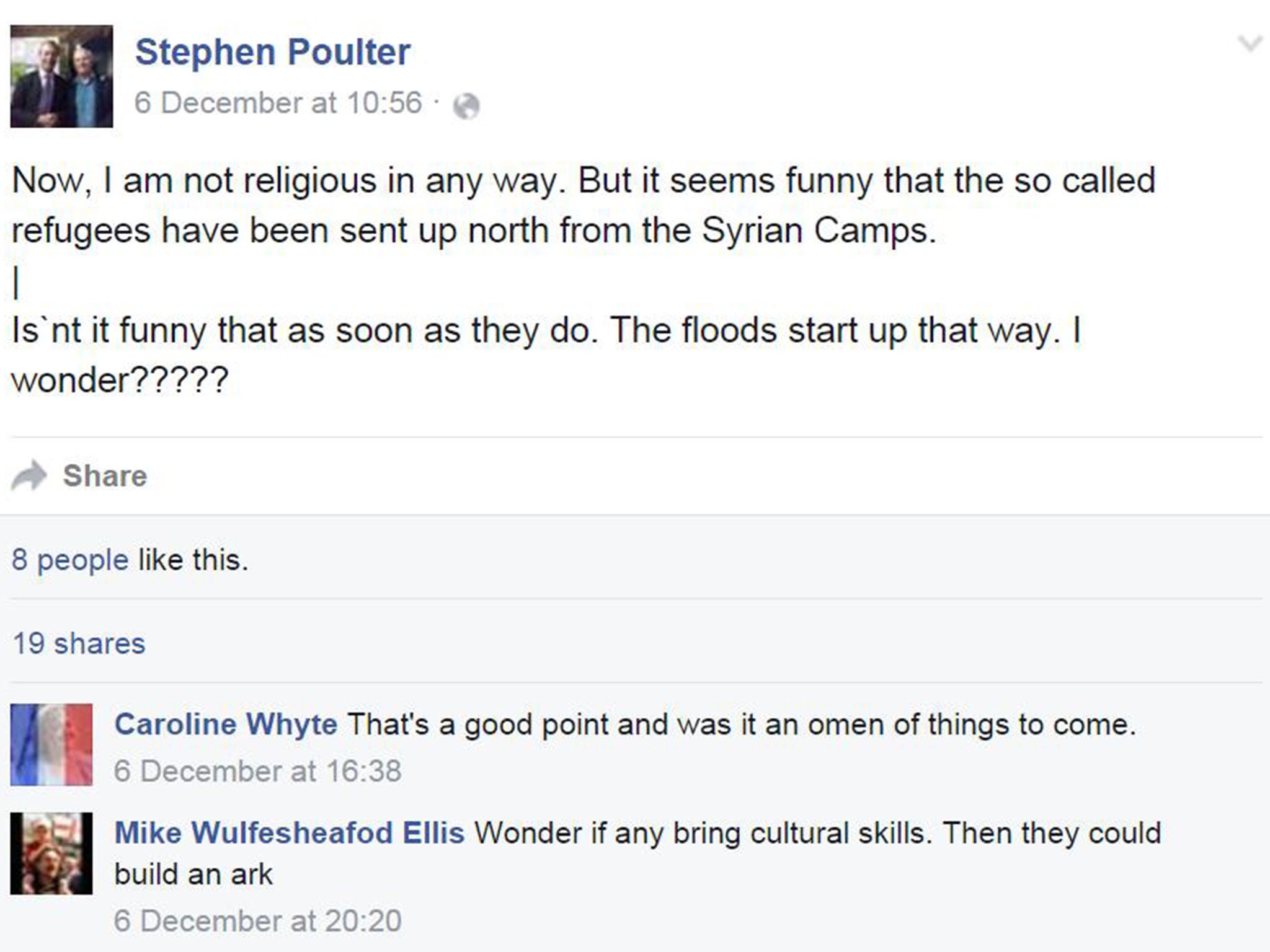 Response to Mr Poulter's public Facebook post was mixed