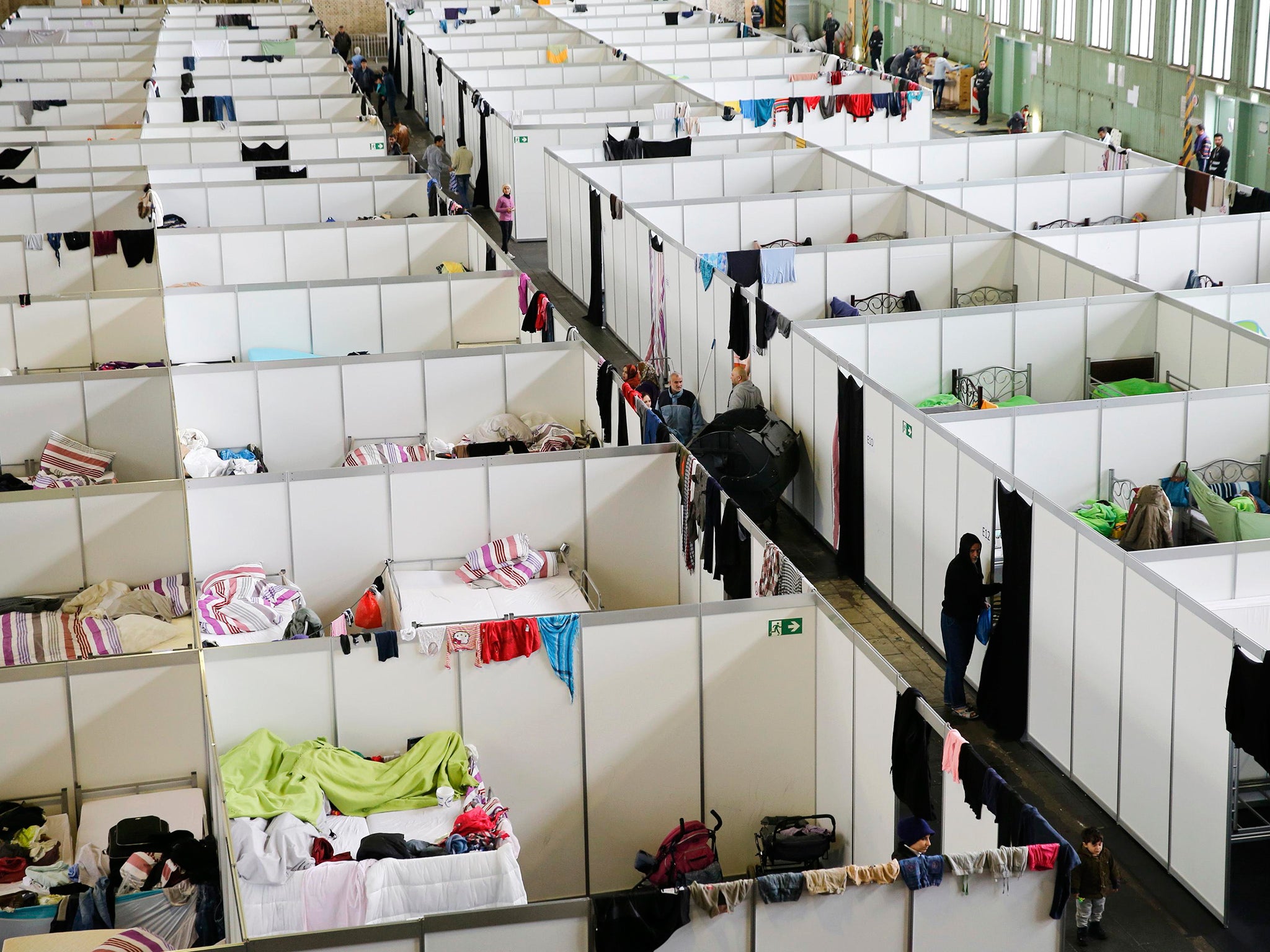 A general view of a shelter for migrants inside a hangar of the former Tempelhof airport in Berlin, Germany