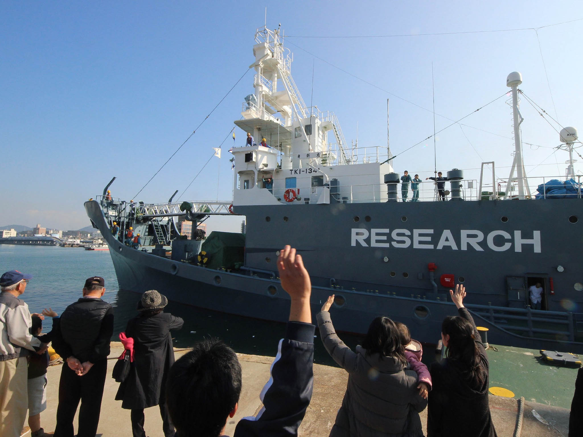 A Japanese whaling ship leaves the port of Shimonoseki in Yamaguchi prefecture, western Japan on December 1, 2015, to resume whale hunting in the Antarctic