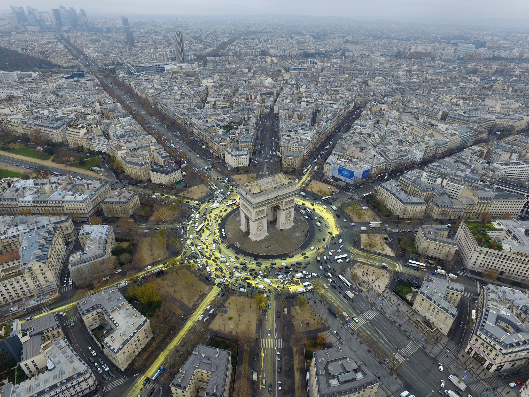 Aerial view of a Greenpeace protest at the Place de L'Etoile during the COP21 World Climate Change Conference 2015, in Paris, France