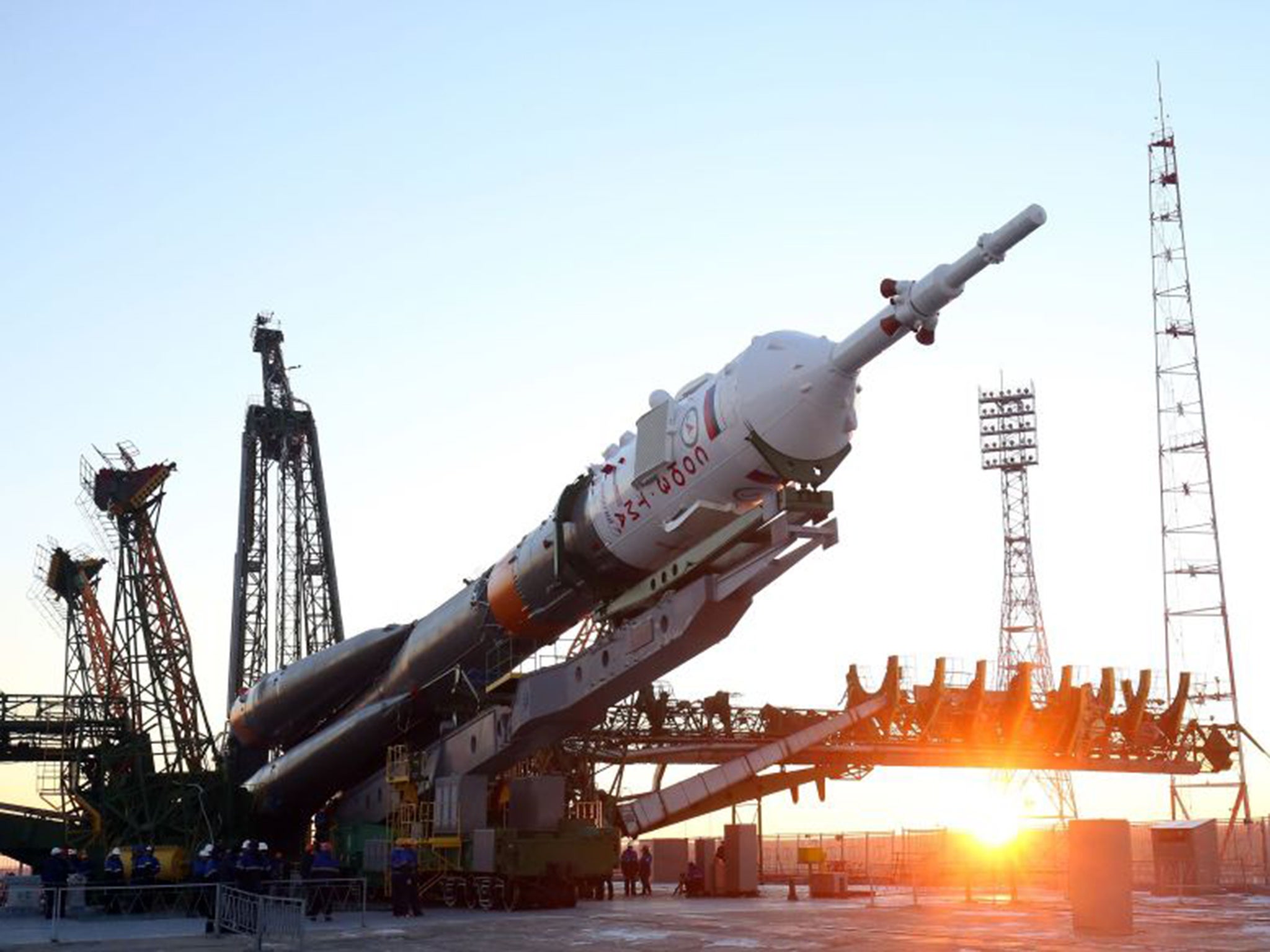 The Soyuz FG rocket, in which Tim Peake will be travelling, is lifted into its launch position at Baikonur in Kazakhstan