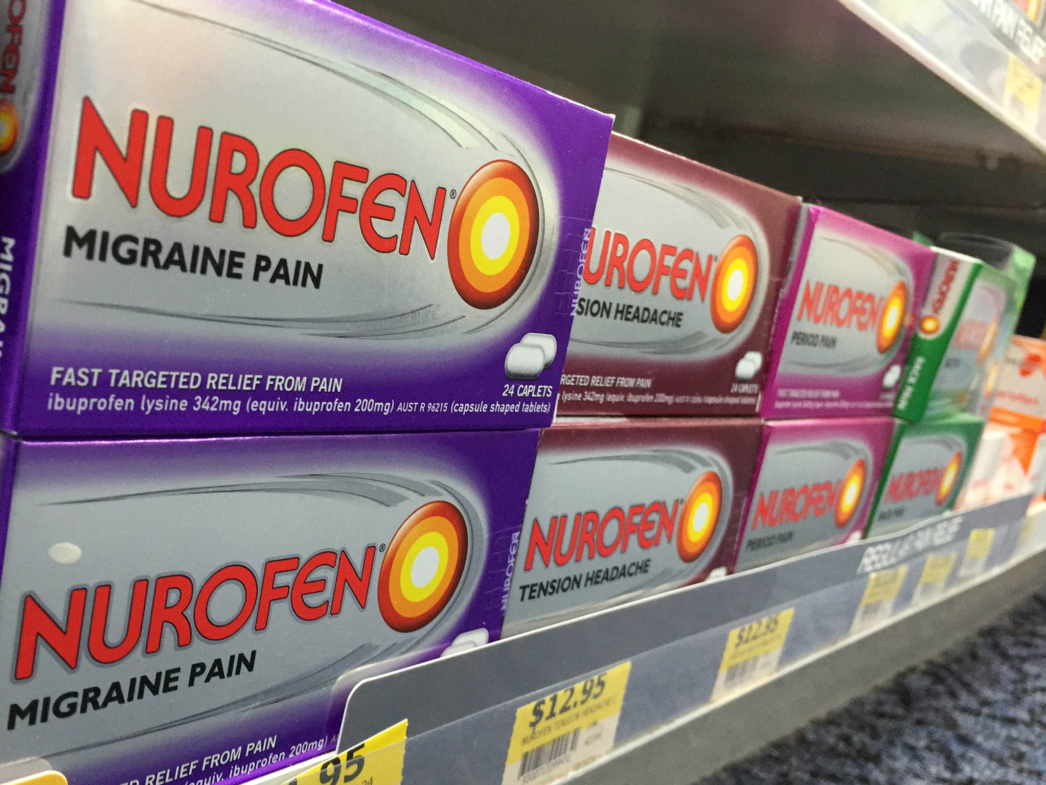 Nurofen pain relievers targeting specific types of pain are seen on a pharmacy shelf in Sydney