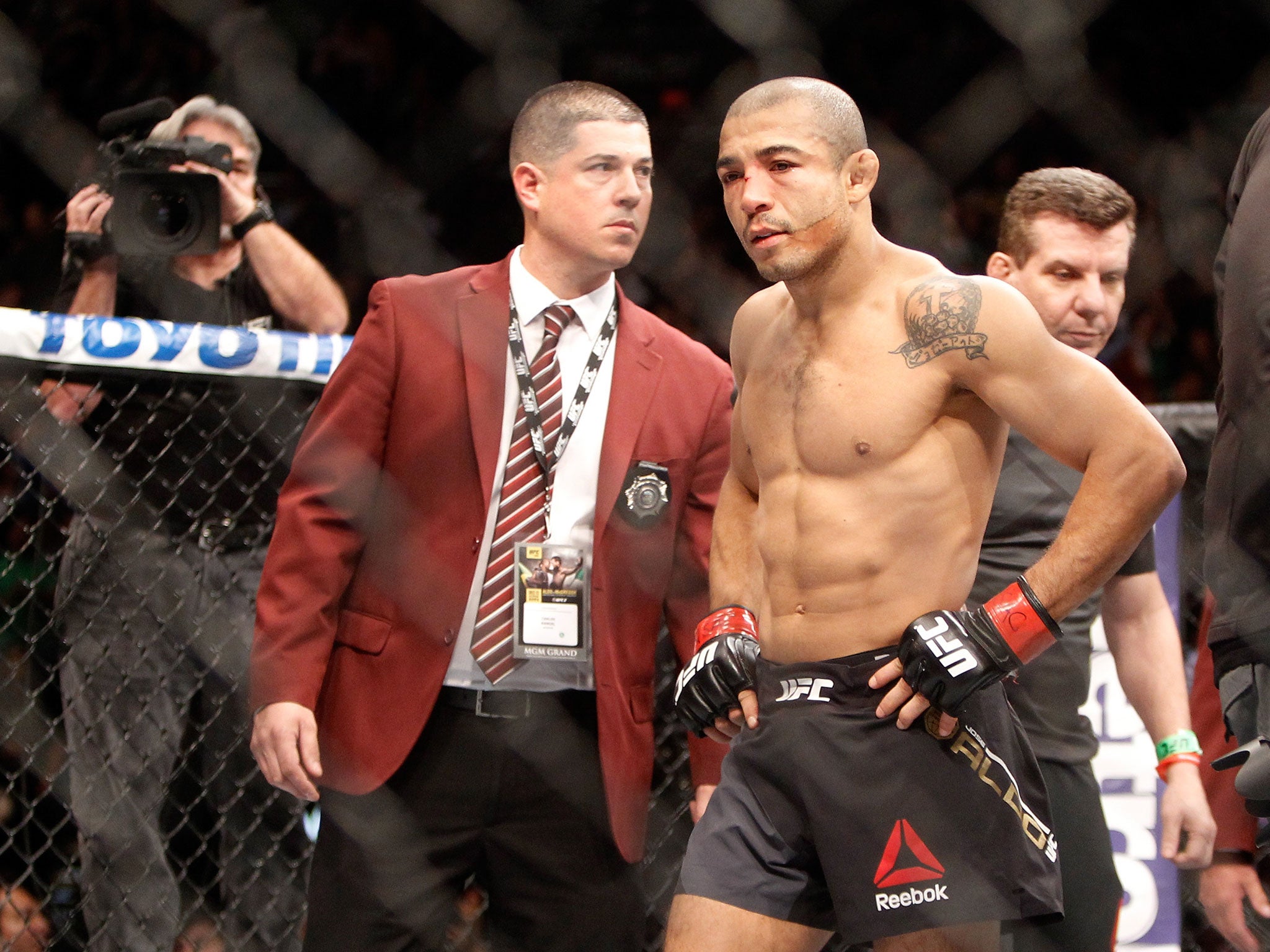 Jose Aldo reacts after his UFC 194 defeat to Conor McGregor