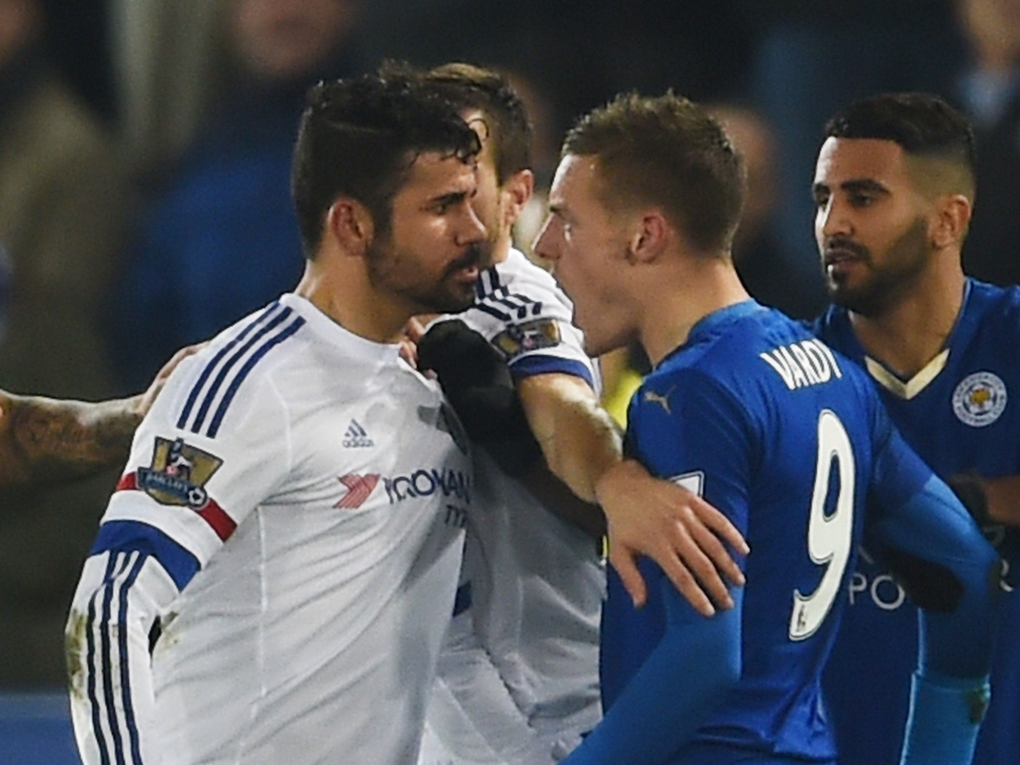 Diego Costa clashes with Jamie Vardy