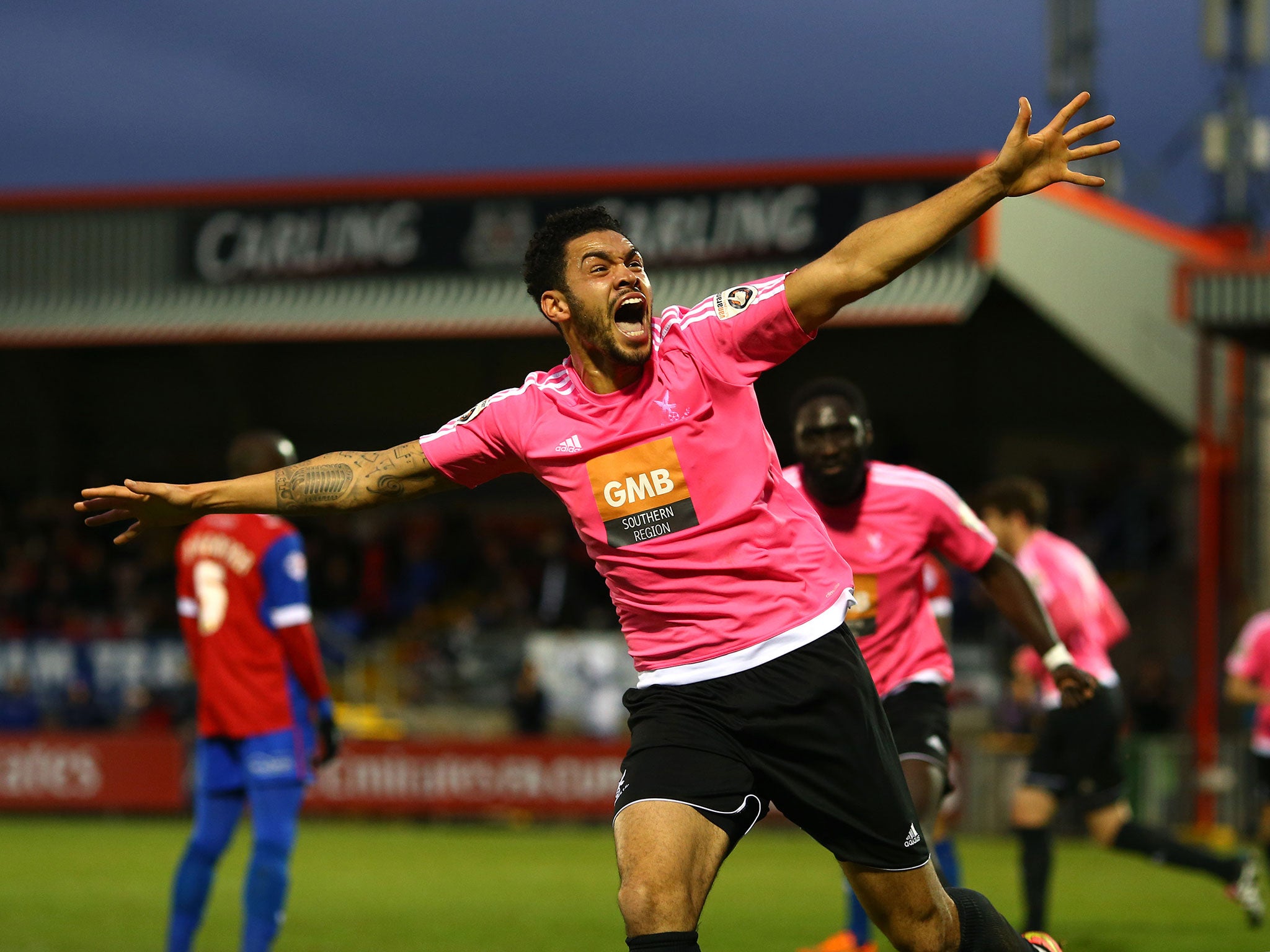 Jordan Rose of Whitehawk celebrates after he scores a last minute equaliser during the Emirates FA Cup Second Round match against Dagenham & Redbridge