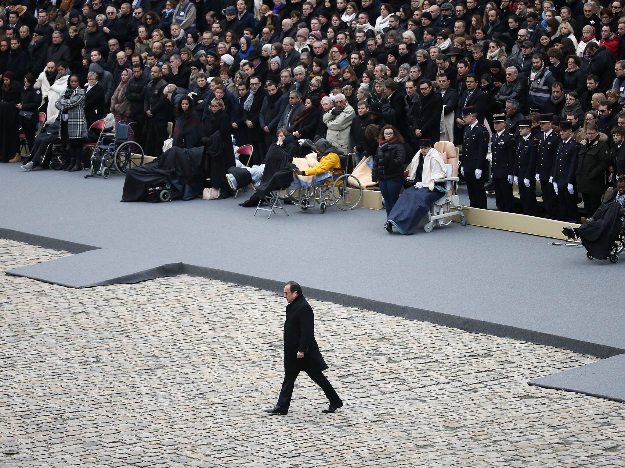 Francois Hollande at the memorial ceremony at the Invalides